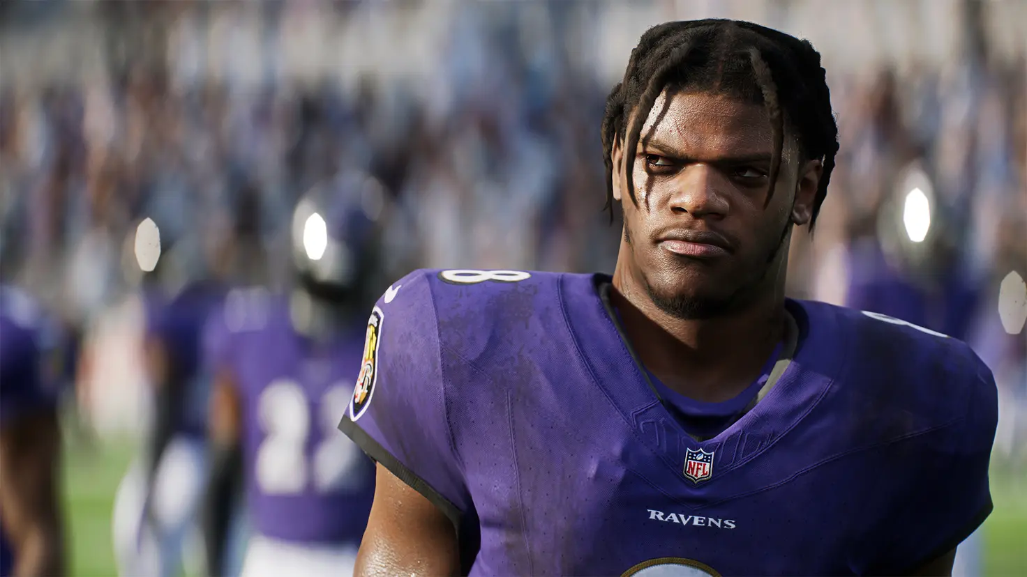 A Baltimore Ravens player without his helmet on in the EA Sports Madden NFL 25 video game