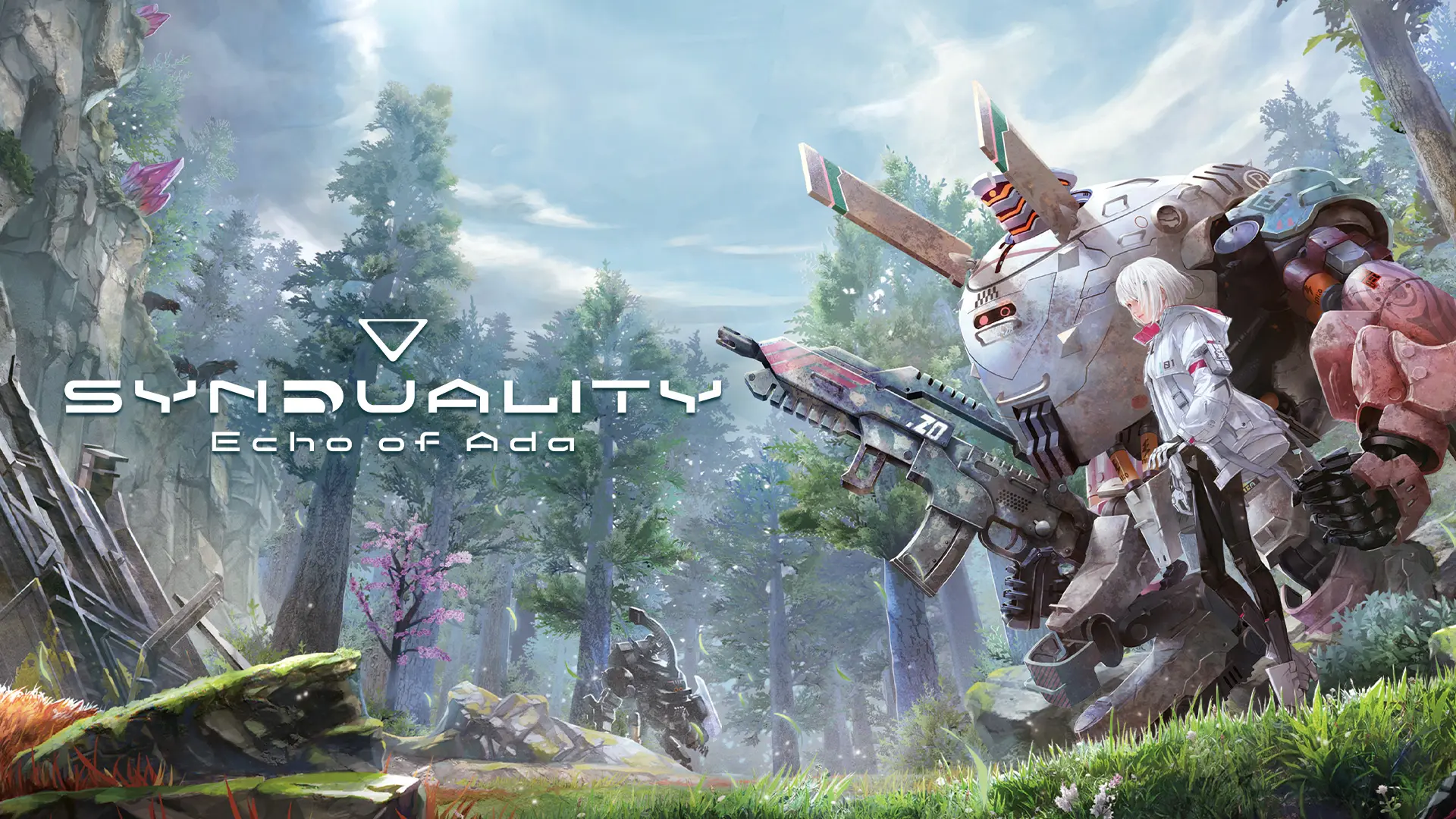 A human stands next to a large mech in the forest in the Synduality: Echo of Ada video game