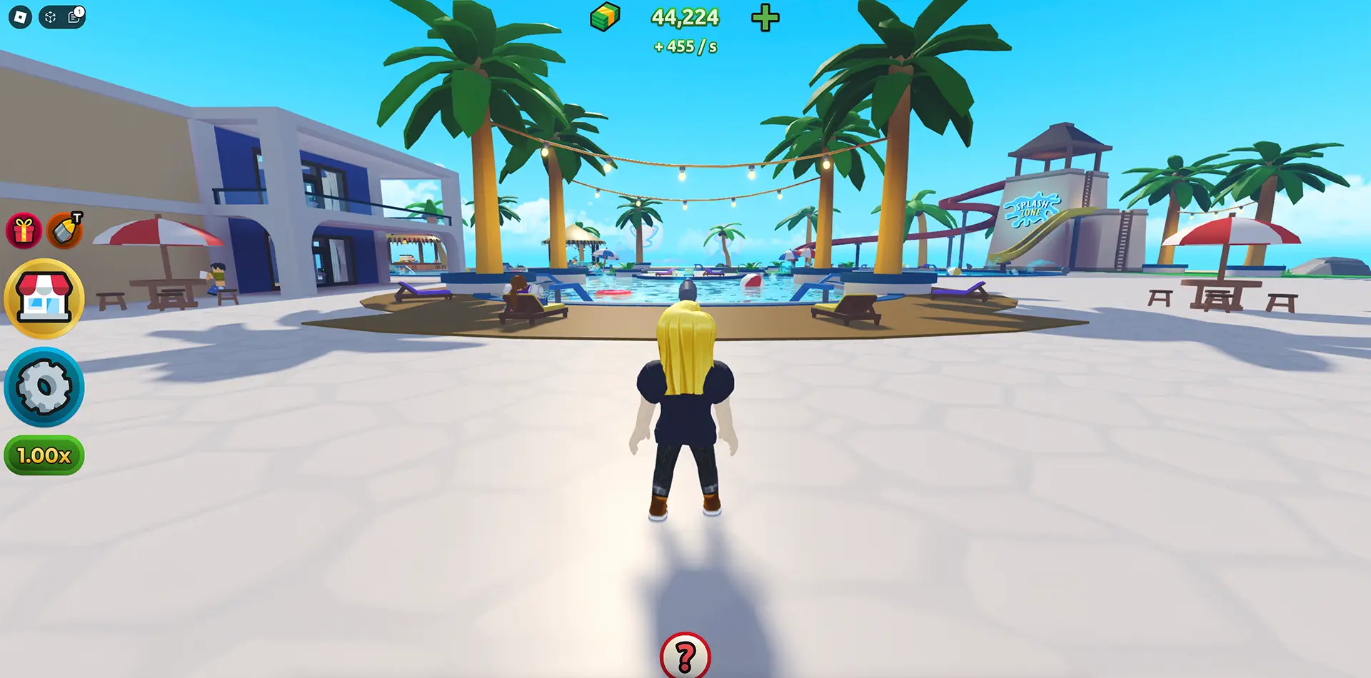 A Roblox player stands near a resort's pool in the Resort Tycoon 2 Roblox experience