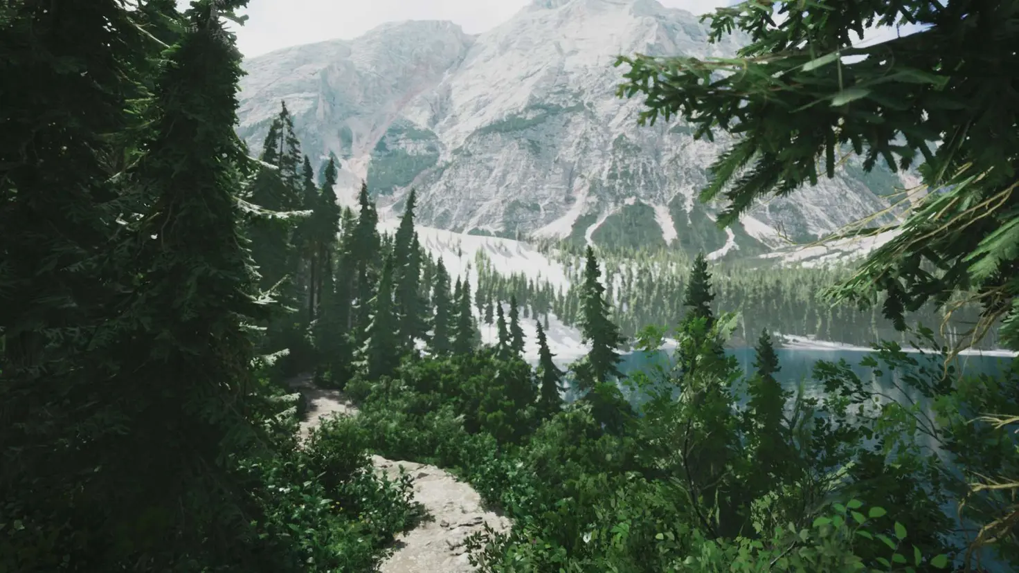 A lake and forest at the base of a snowy mountain in Italy in the Lushfoil Photography Sim video game