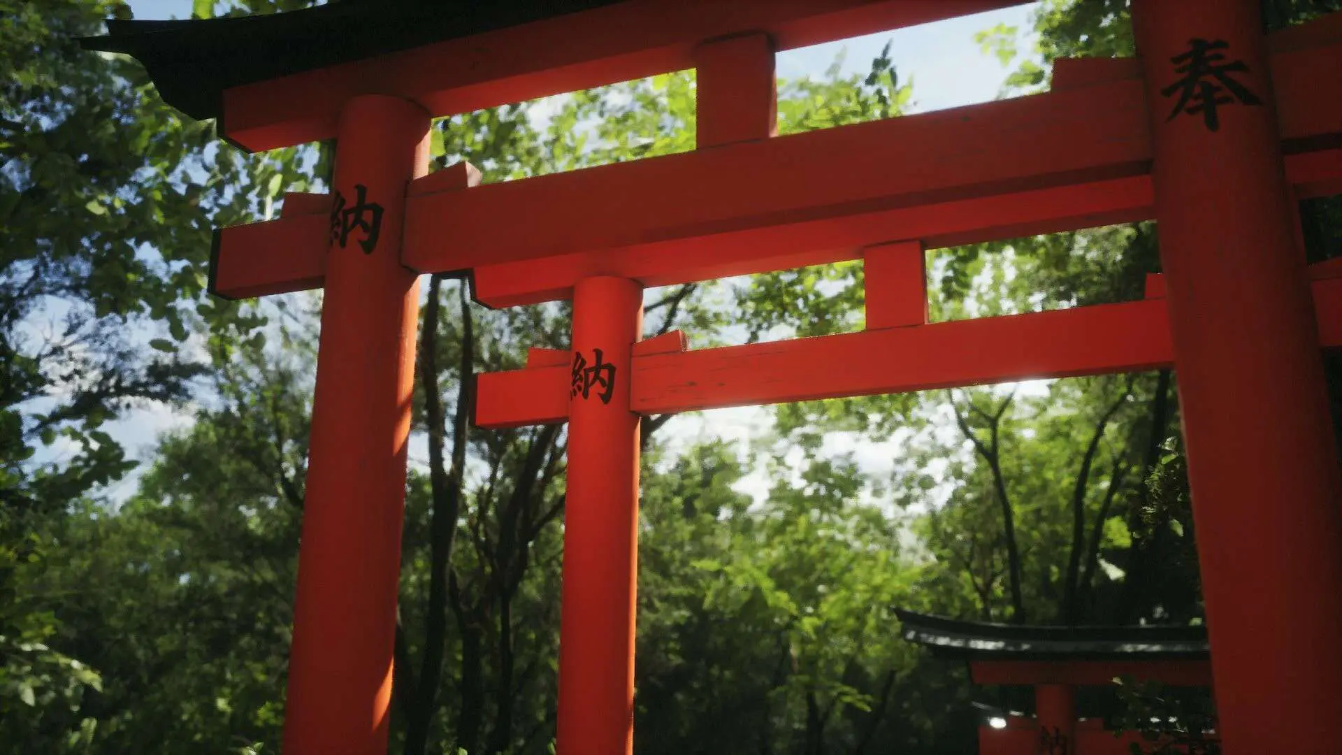 A red torii gate in a forest in the Lushfoil Photography Sim video game