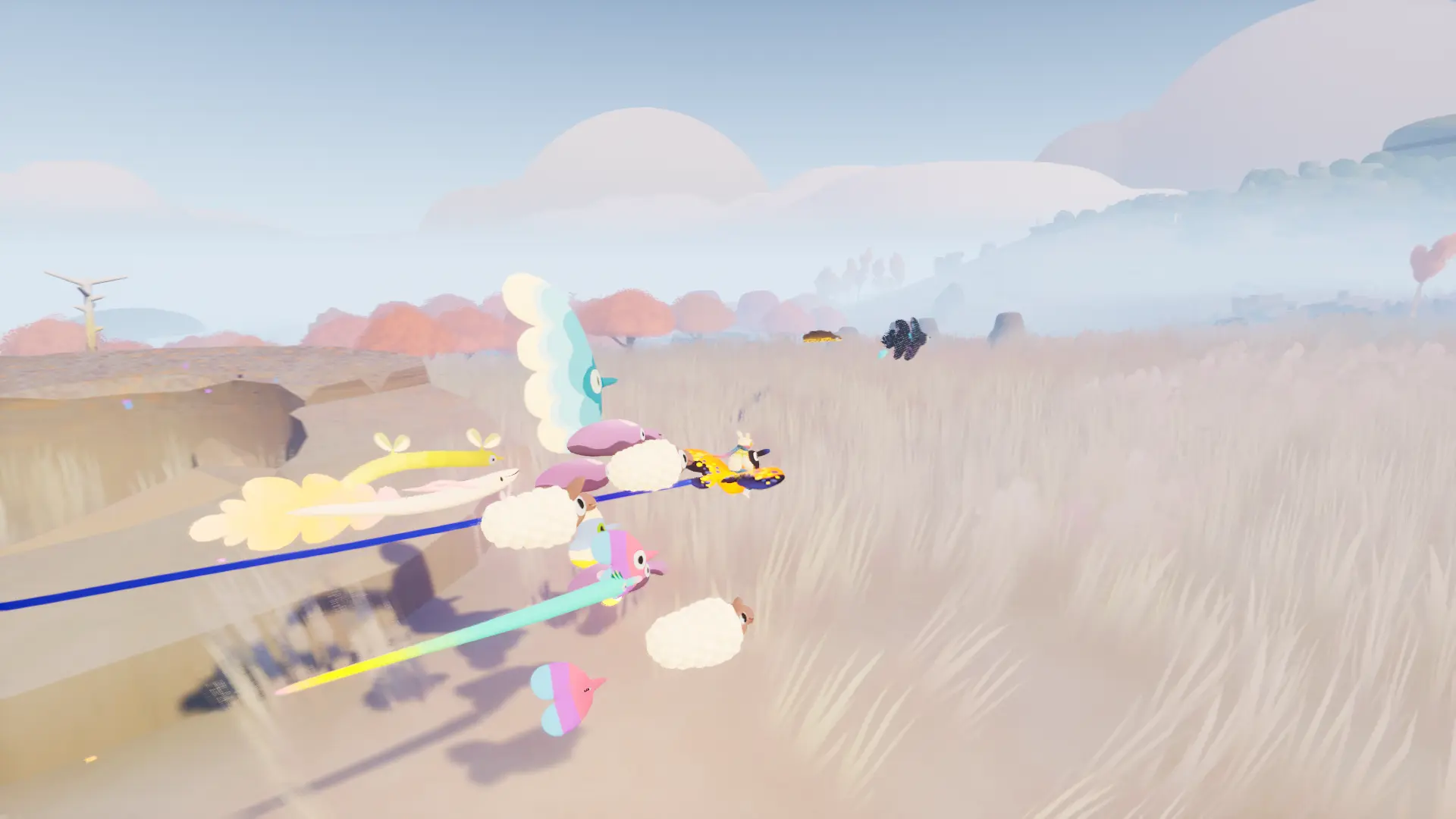 The player in Flock soars on the back of a bird over some light grassland, with a group of bird, bean, and fish-like creatures flying with them.