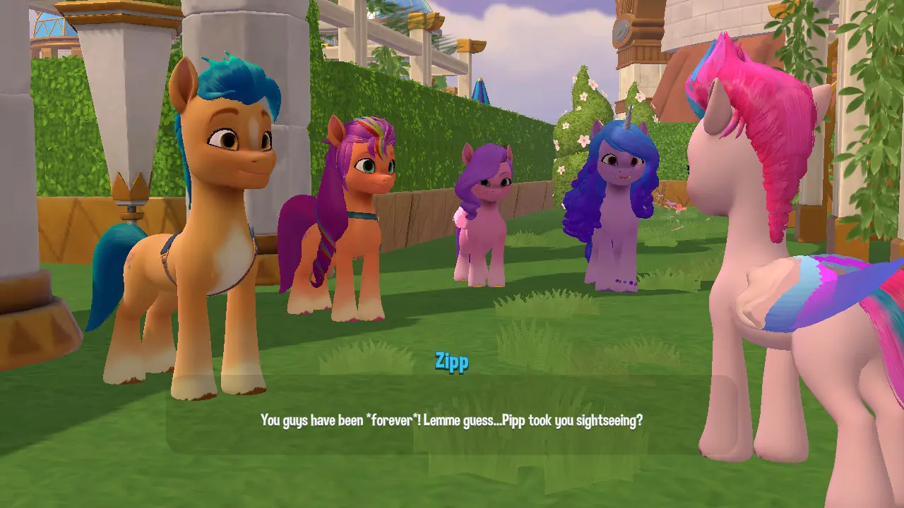 Four ponies look at another pony in the My Little Pony: A Zephyr Heights Mystery video game