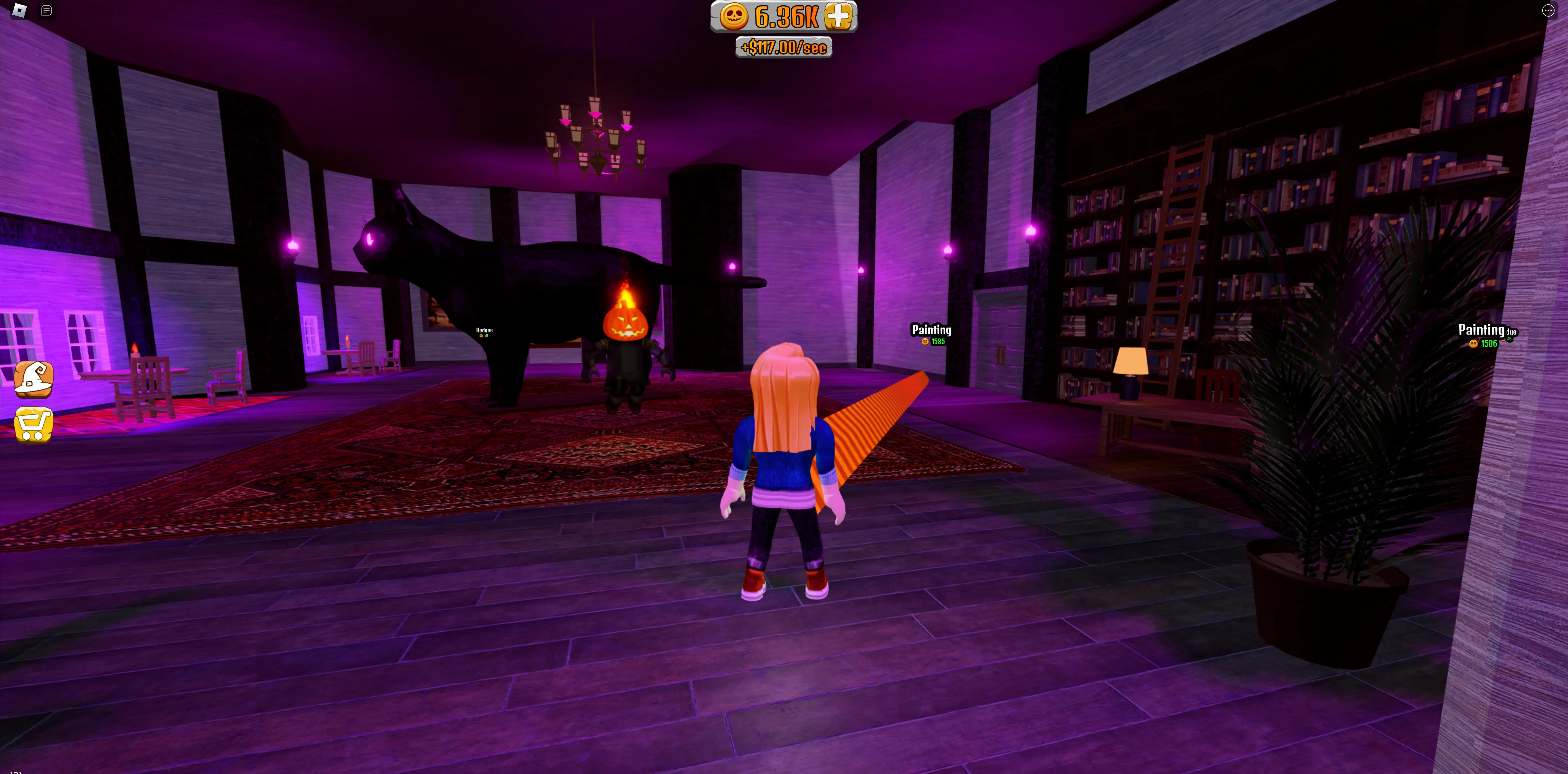 A blonde Roblox avatar stands in the foyer of a Halloween-themed house