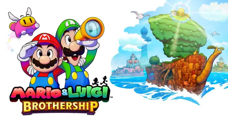 Key art for Mario & Luigi: Brothership featuring the brothers in arms. Luigi is looking through a telescope and Mario is shielding his eyes from the sun with his right hand. There is a large sailing ship made out of trees and leaves on the right.