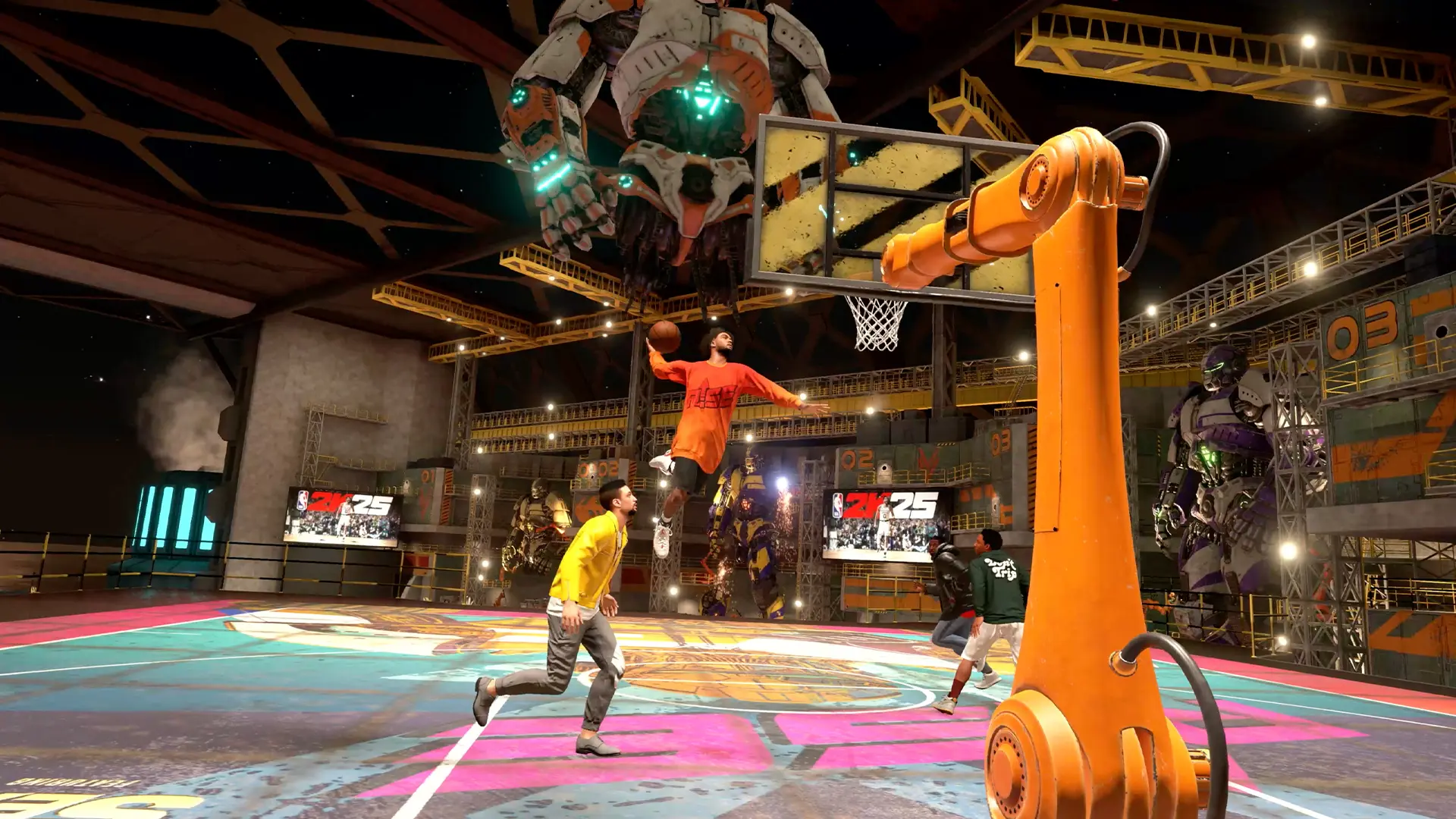 Four men wearing street clothes playing a two-on-two basketball game in the NBA 2K25 video game