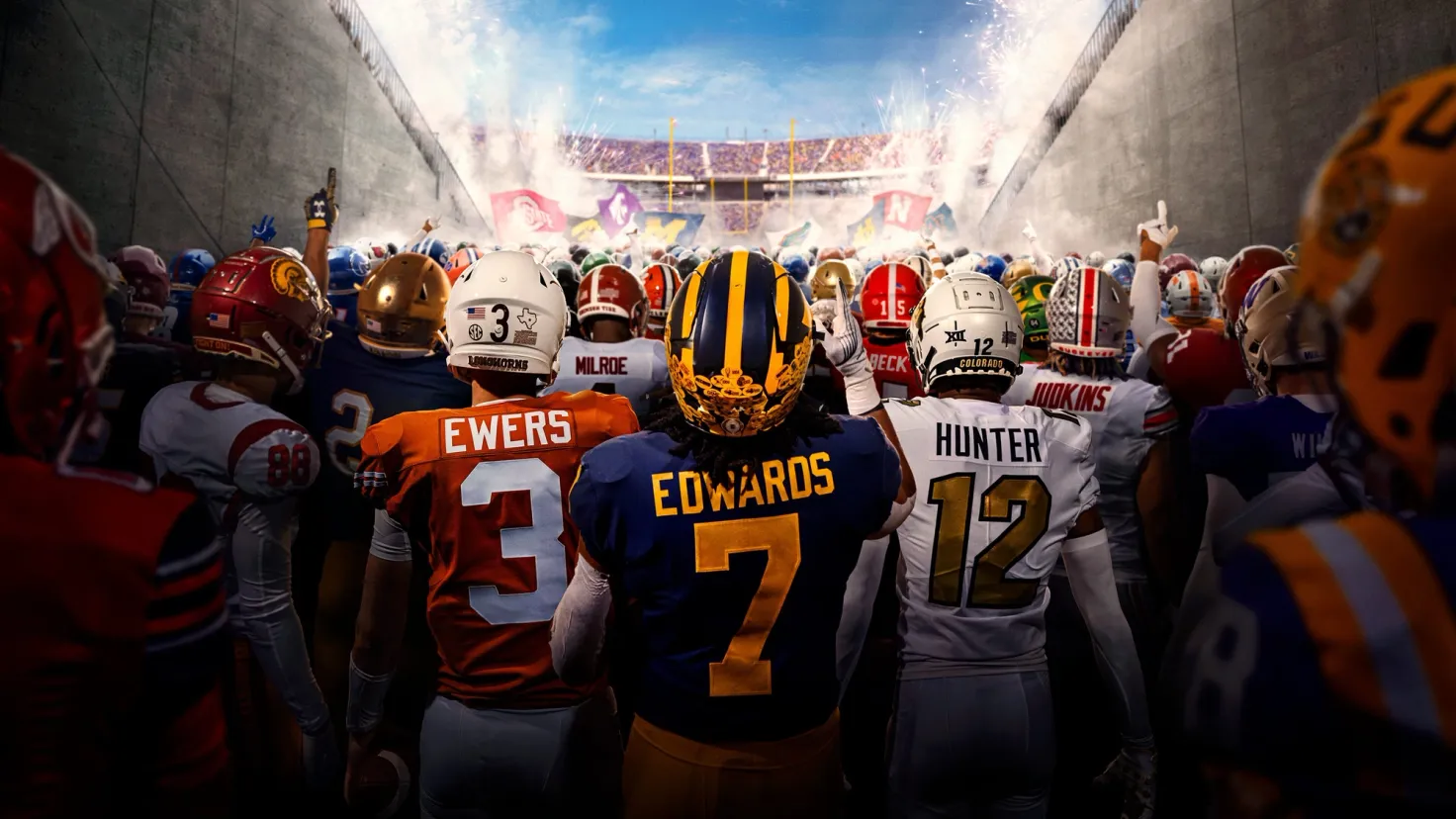 College Football 25 players Ewers, Edwards, and Hunter are walking out of the tunnel onto the field to begin a game.