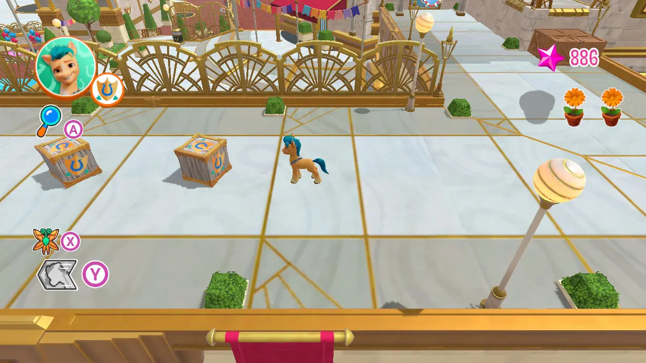 An orange pony stands to the right of a breakable box in the My Little Pony: A Zephyr Heights Mystery video game