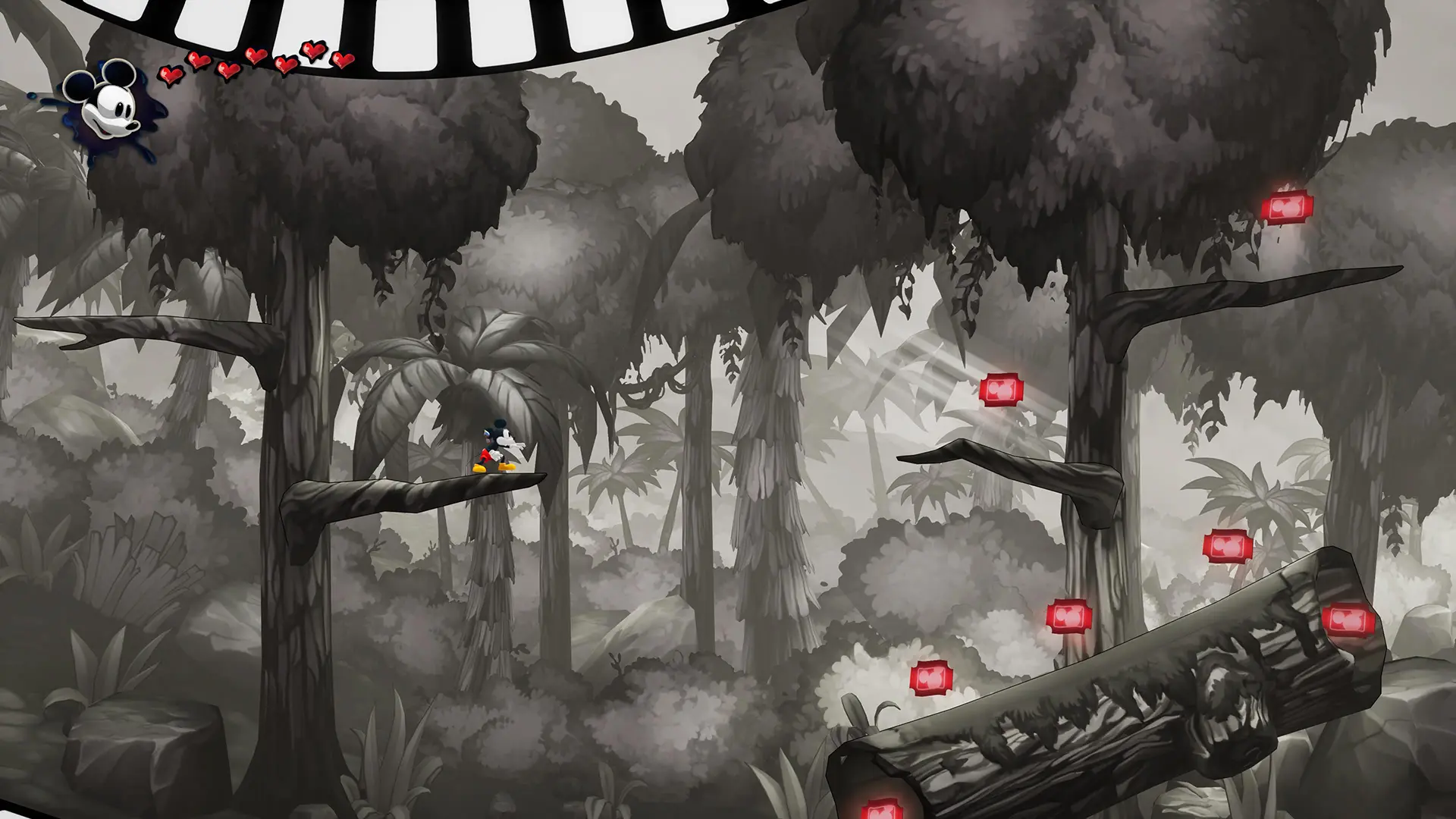 Mickey stands on a tree branch in a forest in a side-scrolling level in the Epic Mickey: Rebrushed video game