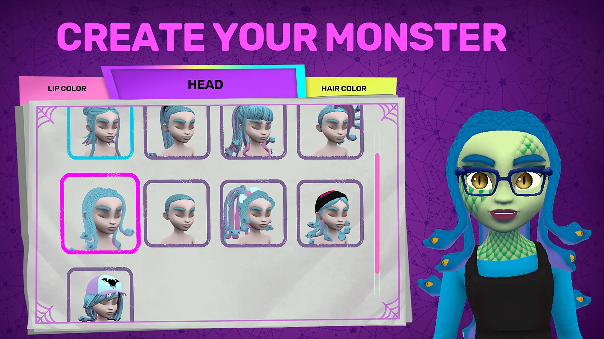 Some of the head options players will be able to choose from when they create their character in the Monster High: Skulltimate Secrets video game