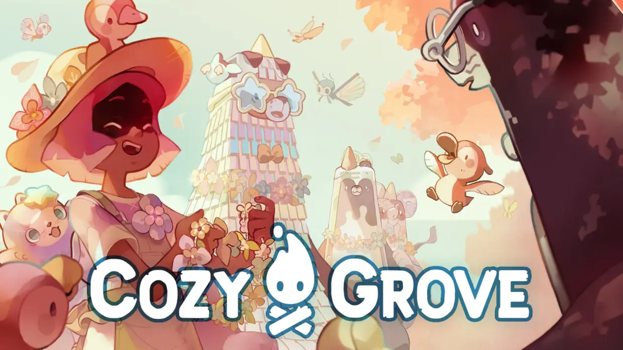 A young girl holding a flower necklace standing next to happy bears and birds. The Cozy Grove logo is centered at bottom.