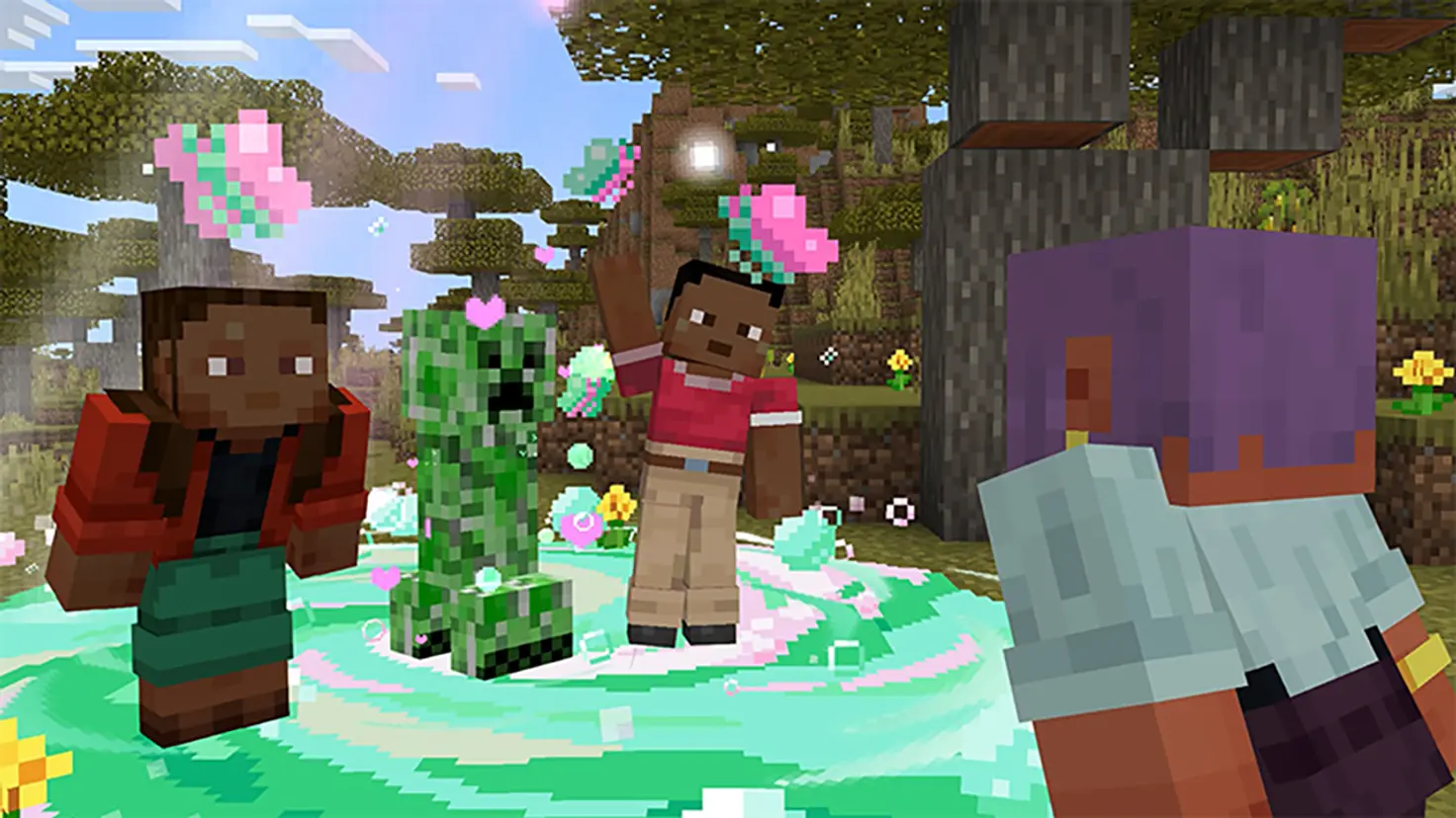 Three characters in the Minecraft video game stand near a Creeper that has been affected by a Bath Bomb. The bath bomb's green and pink visual effects can be seen on the ground under the creeper and in the air surrounding it.