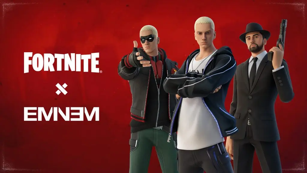 Three Eminem Fortnite Icons Skins. Slim Shady stands ahead of Rap Boy and Marshall