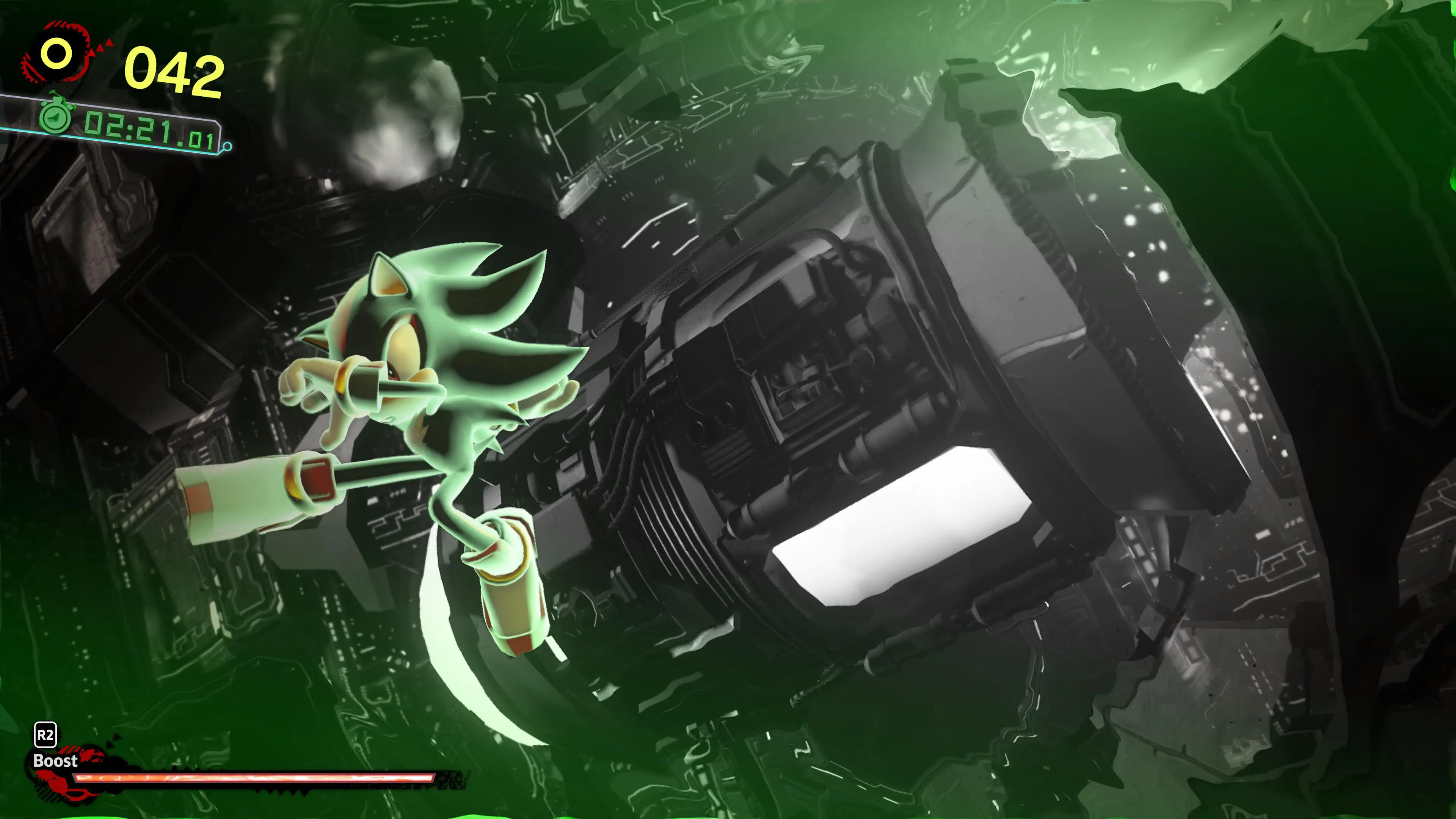 Shadow jumps in the air in a futuristic environment in the Sonic x Shadow Generations video game