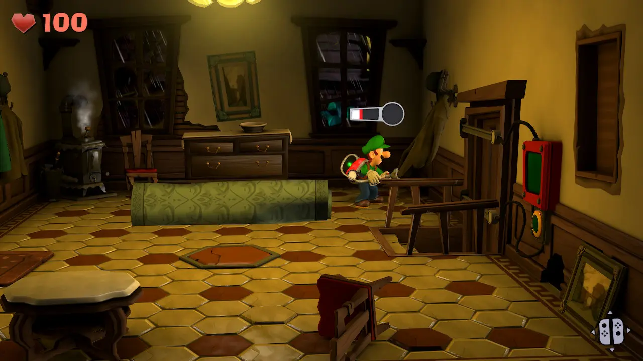 Luigi uses his vacuum to suck up a piece of clothing hanging on a wall hook