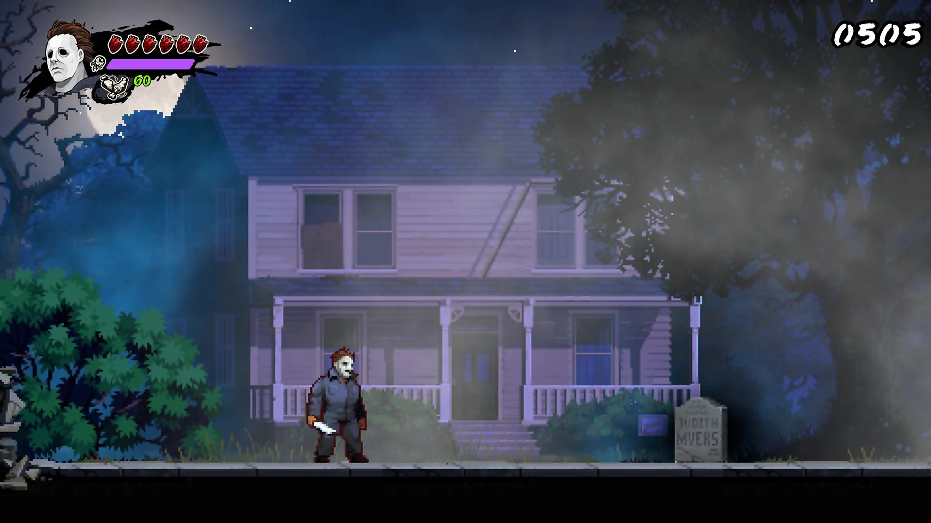 A pixel art version of Michael Meyers stands outside his family's home in the RetroRealms: Halloween and Ash vs. Evil Dead video game