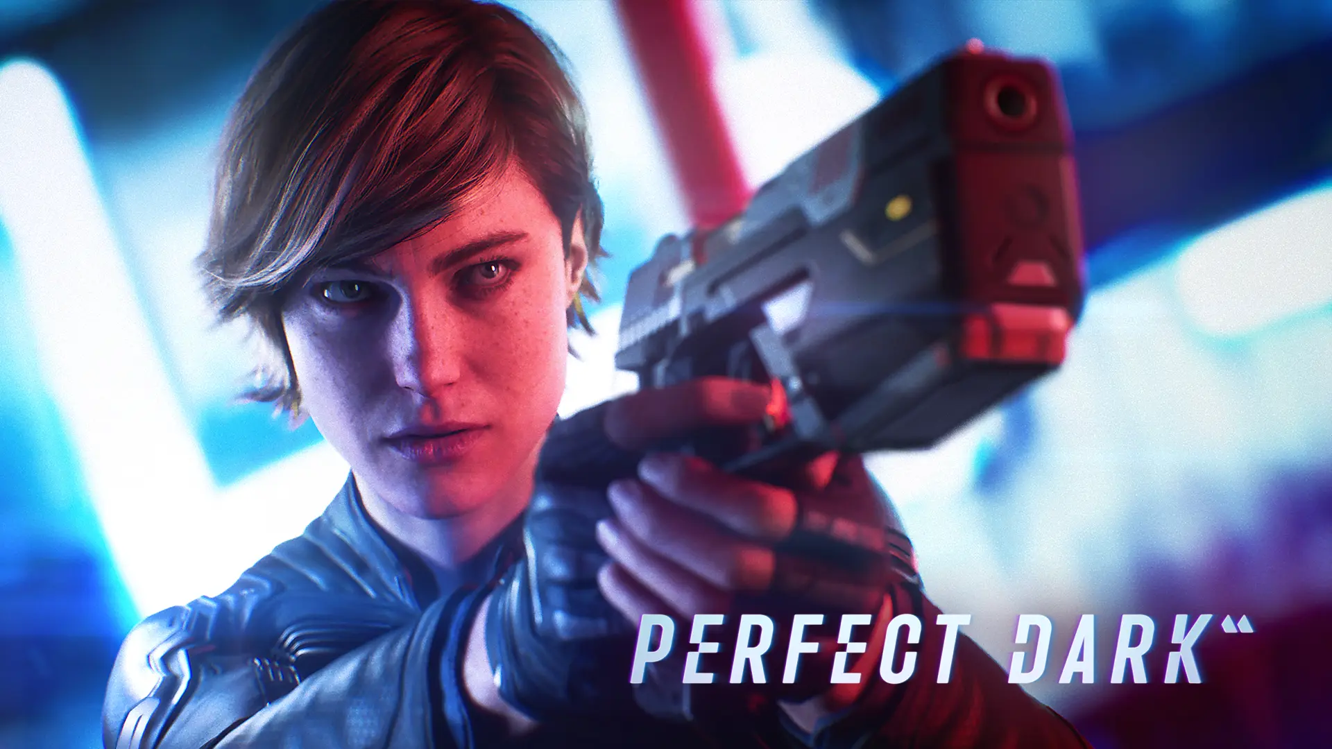 Joanna Dark aims her handgun with the name Perfect Dark in the lower right.