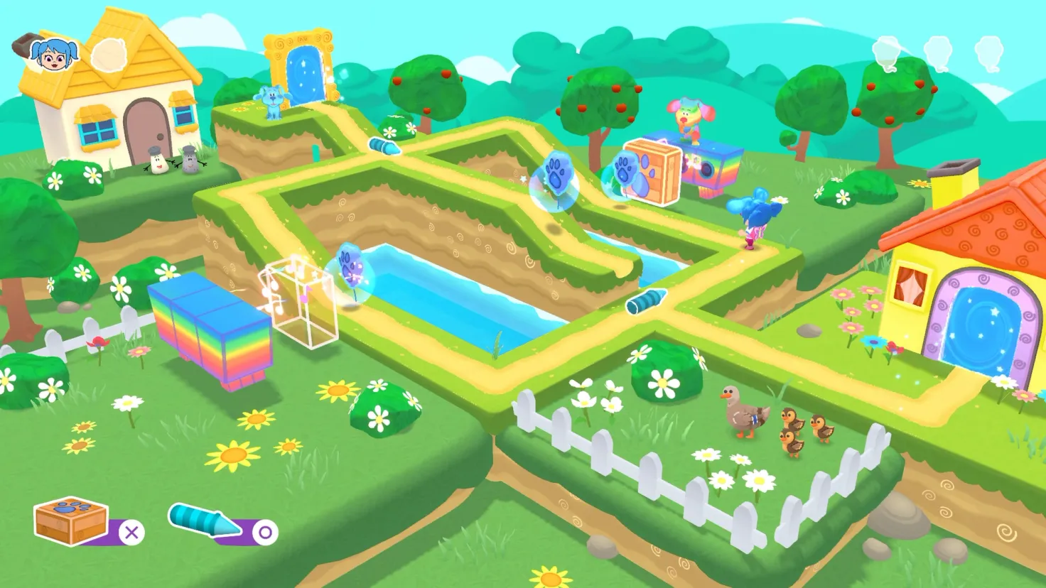 A young girl with blue hair walks on a yellow path through a neighborhood in the Nick Jr. Party Adventure video game