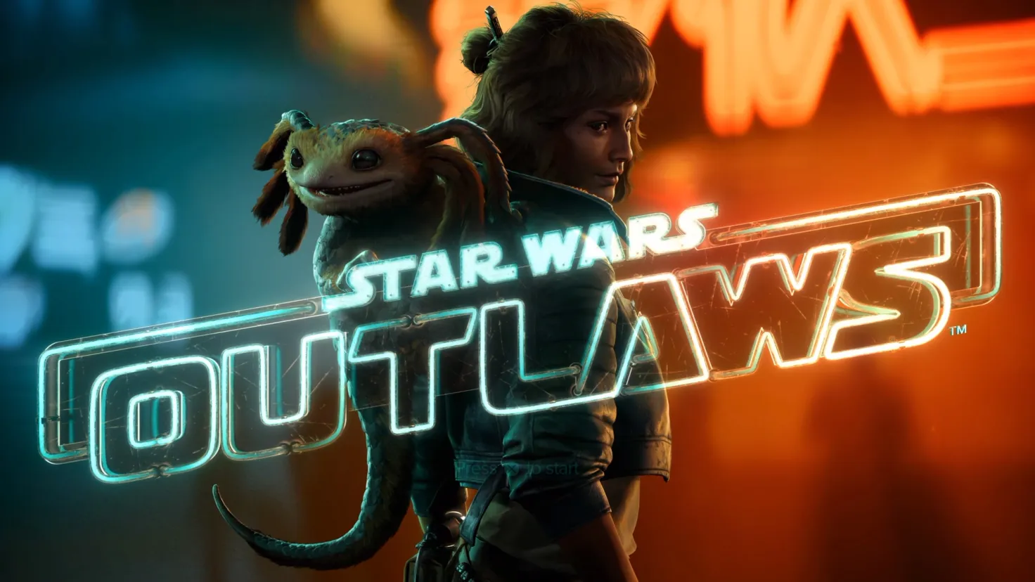 Kay and her sidekick, Nix, stand behind text in the shape of a neon sign that reads "Star Wars Outlaws"