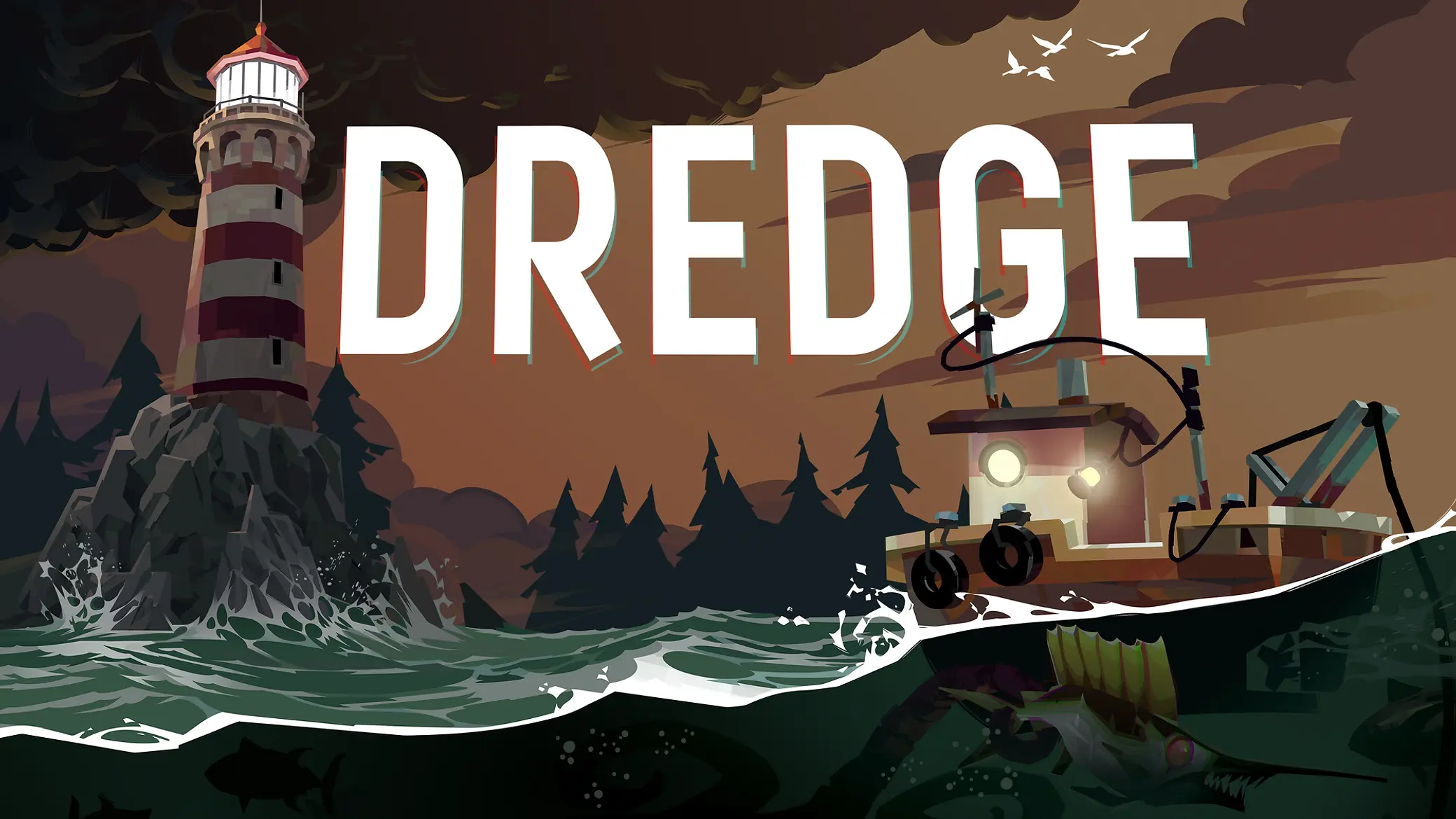 A small boat on the water near a lighthouse and forest. The white Dredge logo is centered at top.