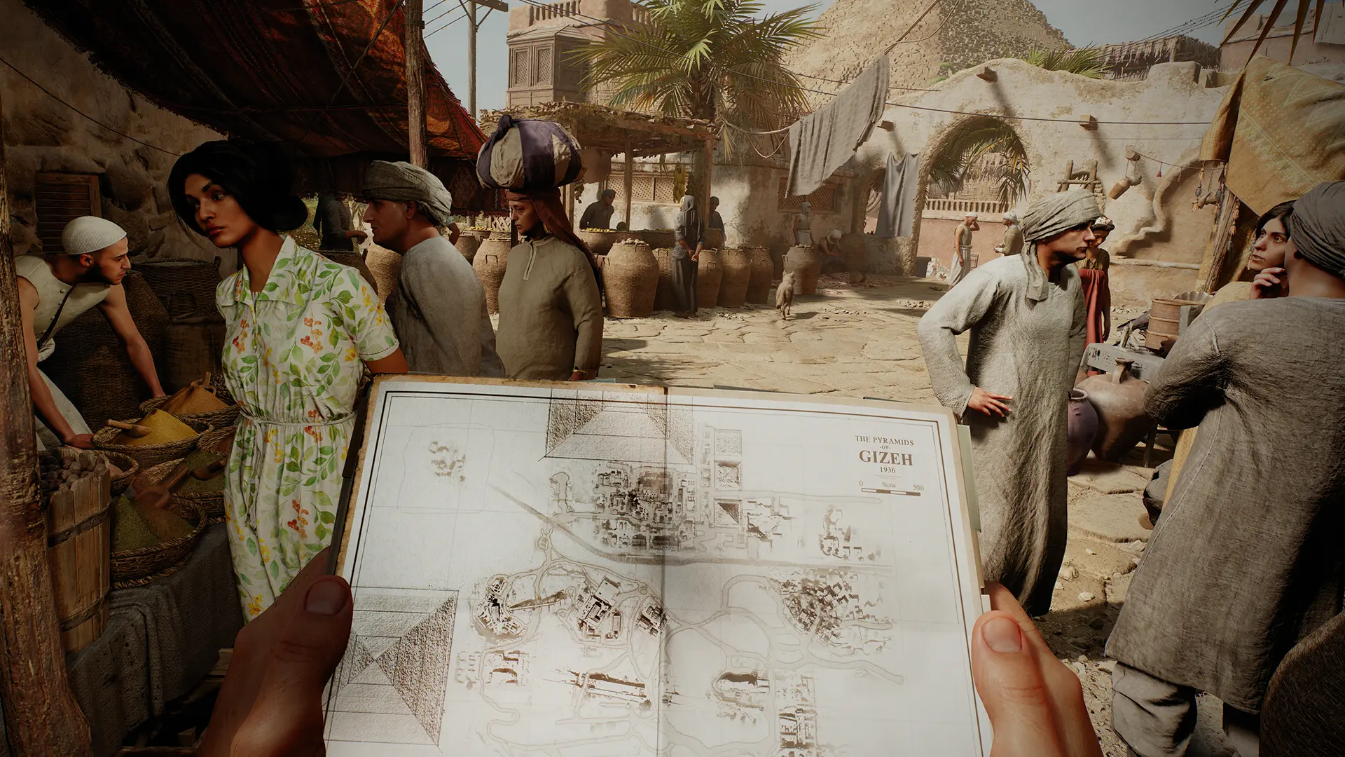 Indiana Jones looks at a map from a first-person perspective in the Indiana Jones and The Great Circle video game