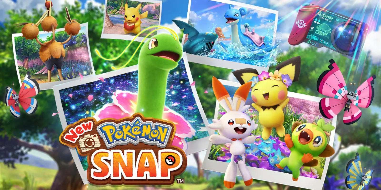 Pokemon emerge out of photograph prints near the New Pokemon Snap title.