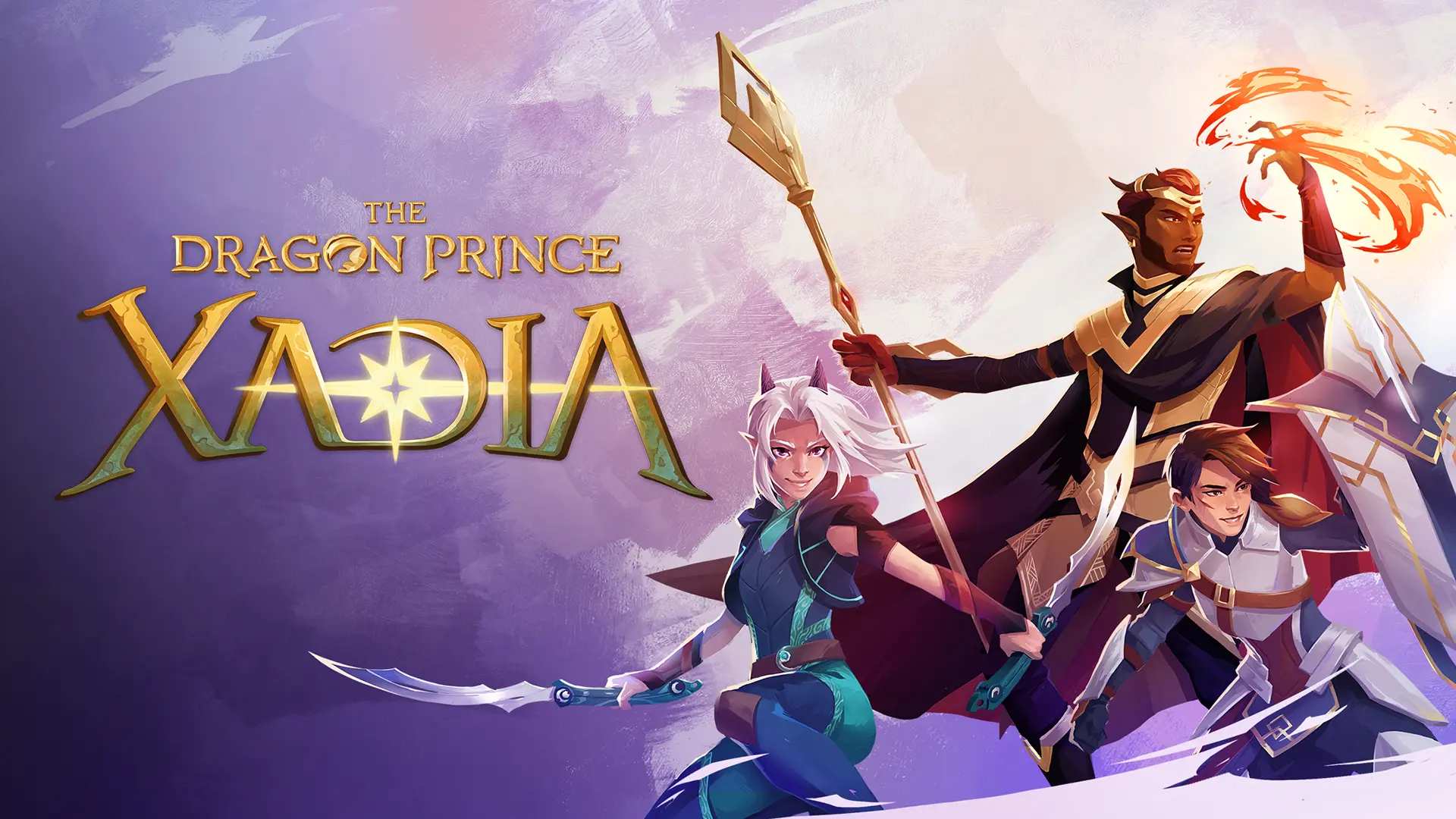 Three characters from The Dragon Prince: Xadia video game in battle poses. The Dragon Prince: Xadia logo is at left.