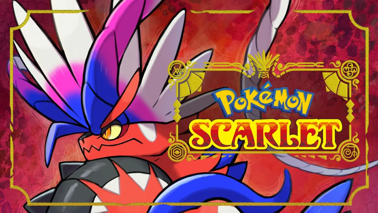 Koraidon looks toward the left with the Pokemon Scarlet logo at right