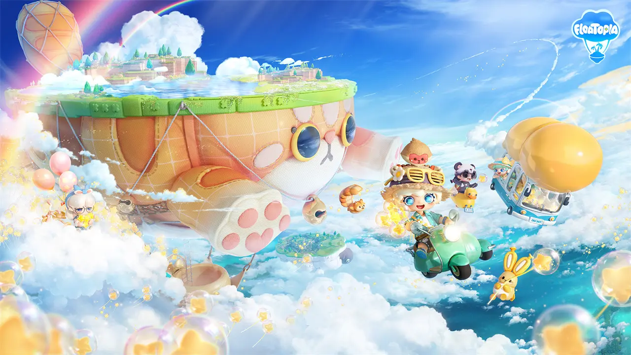 Cute human and animal characters ride vehicles or hang from balloons next to a floating island surrounded by clouds. A rainbow is at top left.