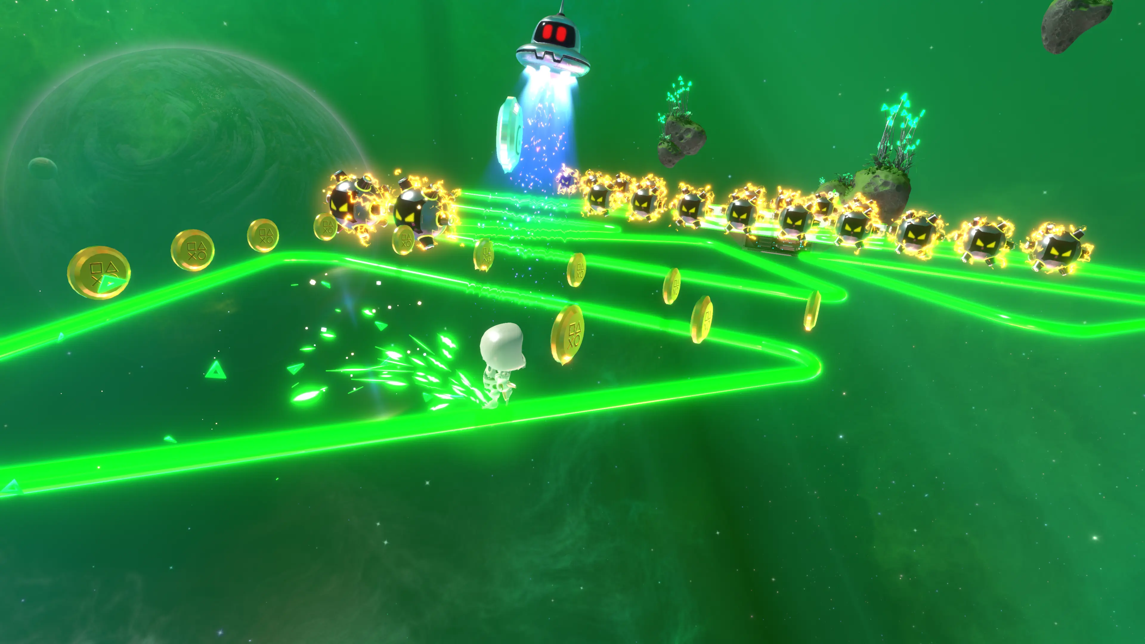 Astro Bot grinds along triangular-shaped rails toward many electrified enemies in one of the more difficult trial stages.