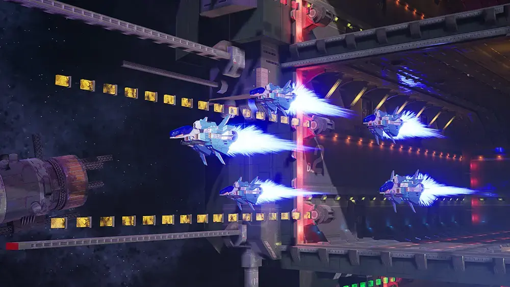 A fleet of spaceships flies through a futuristic environment in the R-Type Tactics I & II Cosmos video game