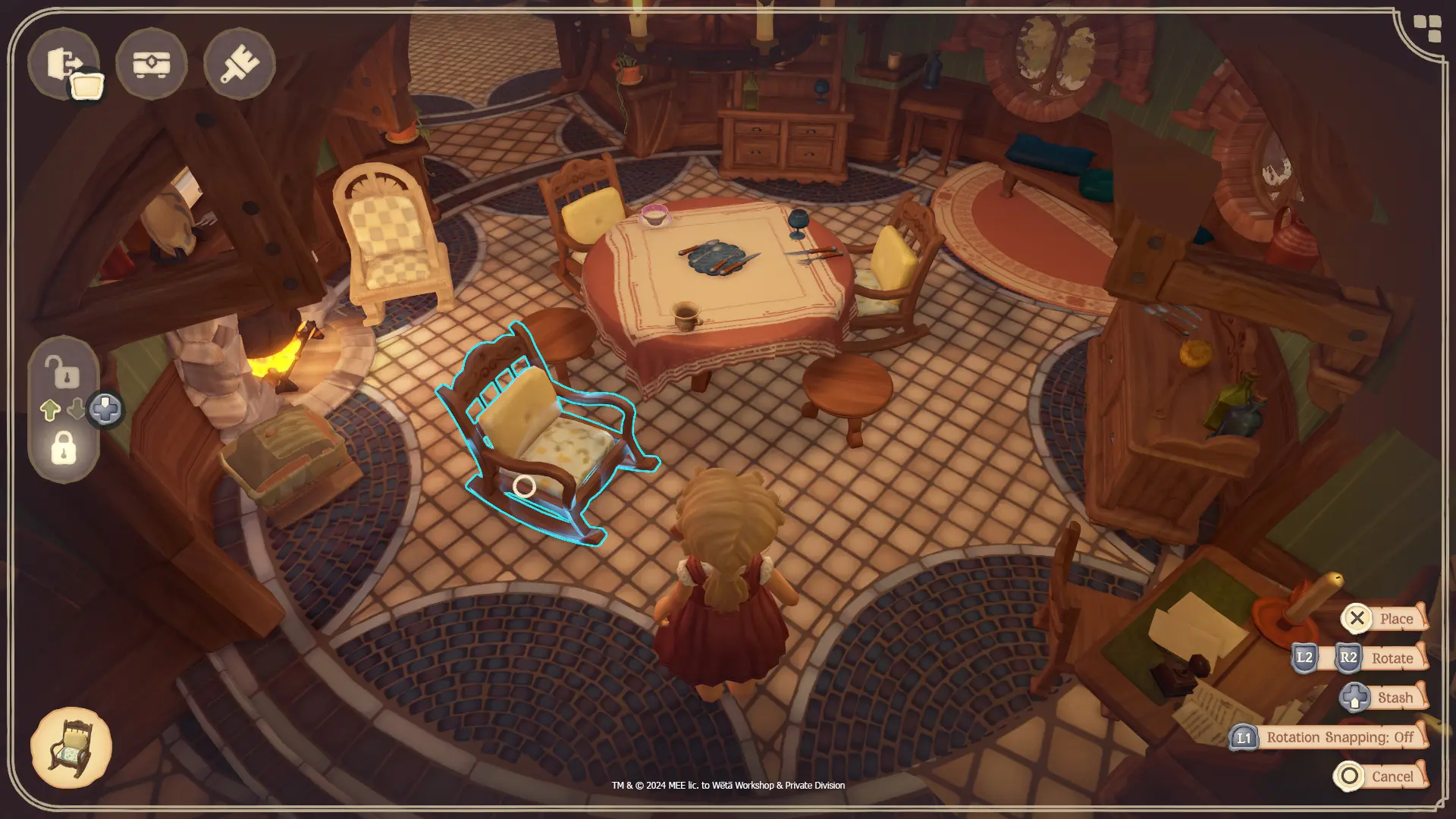 The player edits the layout of furniture items in their home in the Tales of the Shire video game