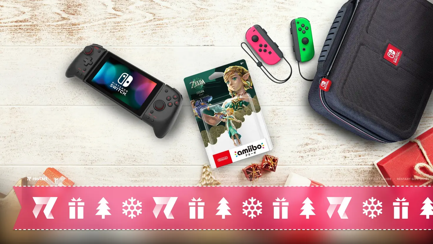 An array of Nintendo Switch accessories on a wooden floor, surrounded by presents