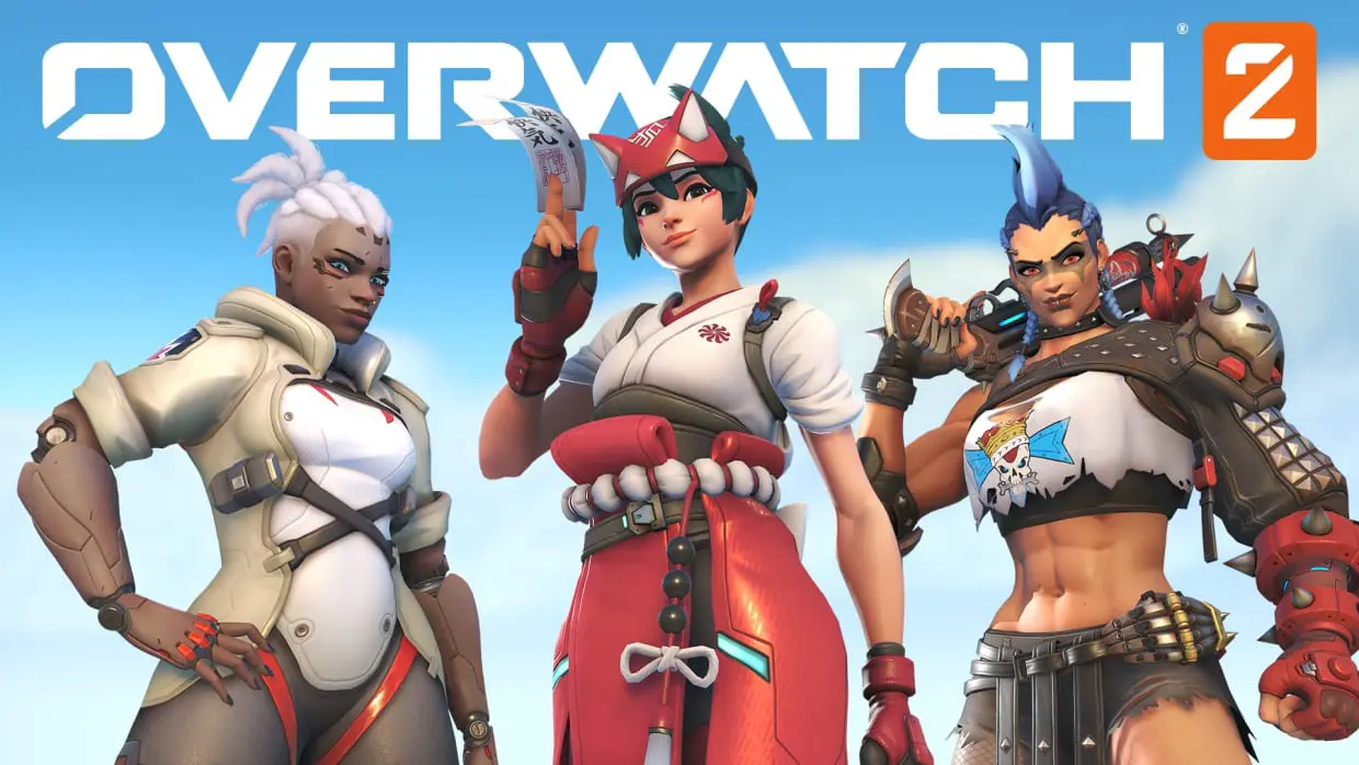 Three heroes from the Overwatch 2 video game stand under the game's logo with a cloudy sky behind