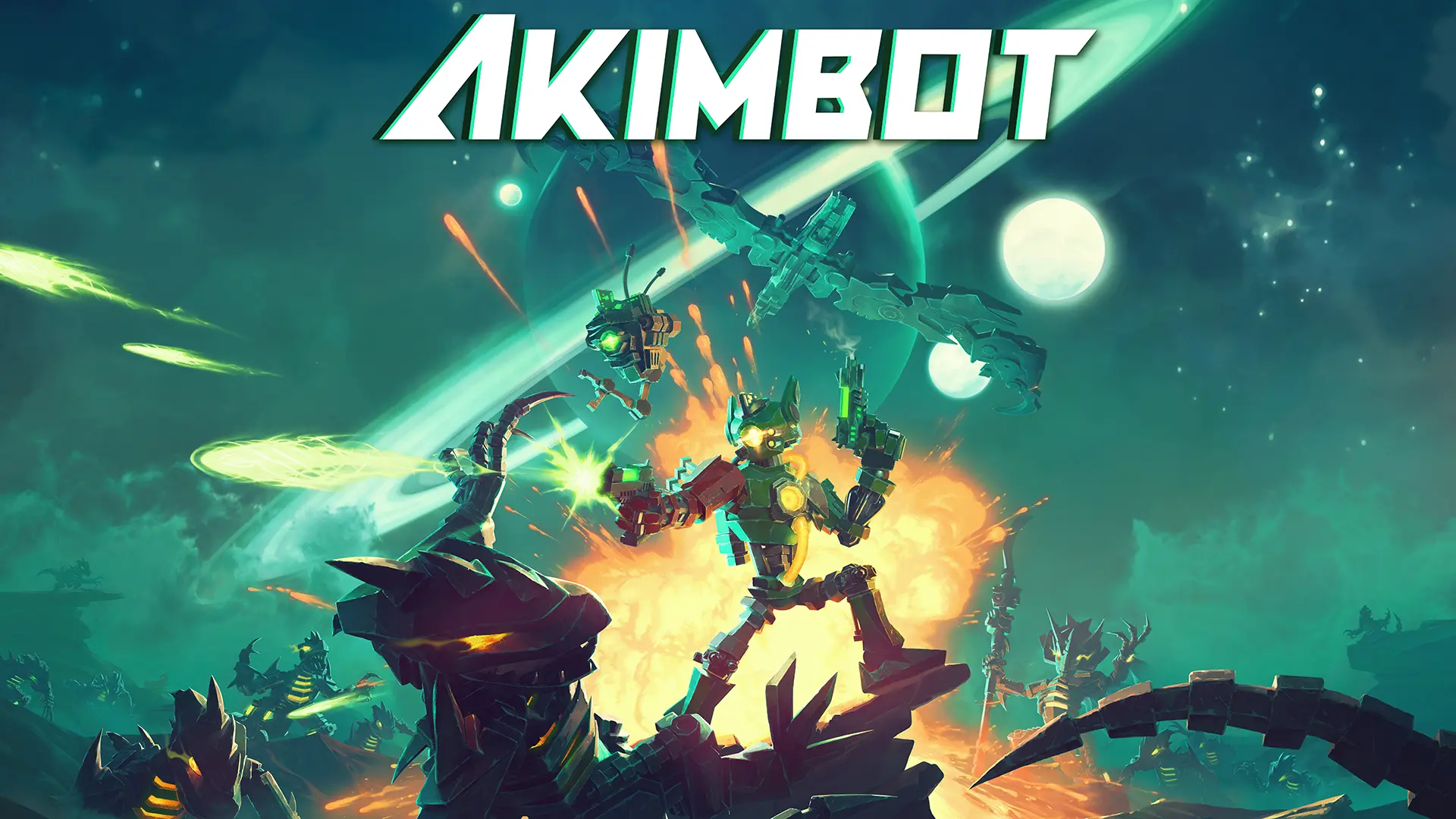 Gun-wielding robot shoots the weapon in its right hand while an explosion takes place behind it. The Akimbot logo is centered at top.