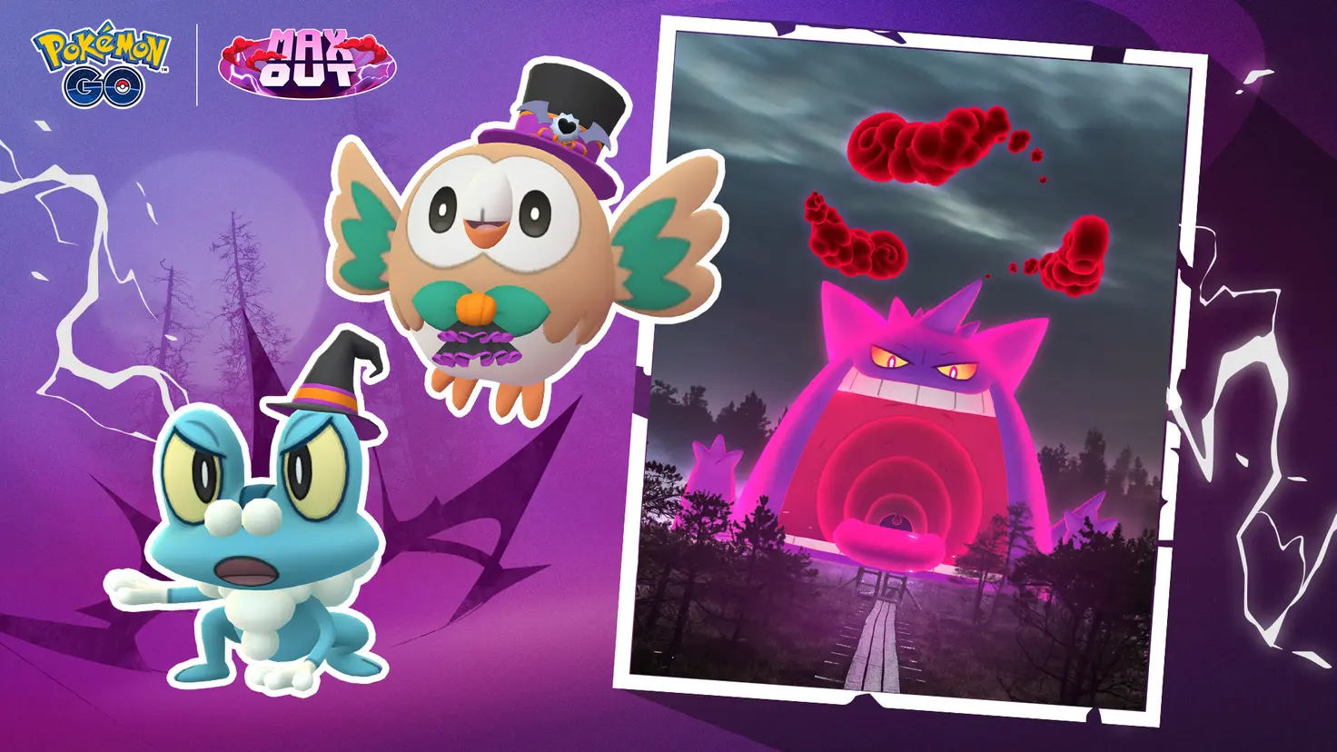 Froakie and Rowlet wearing Halloween costumes to the left of a snapshot of Gigantamax Gengar