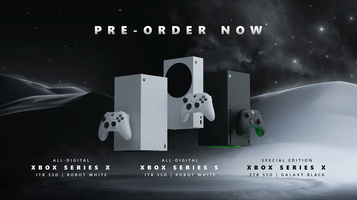 The white all-digital Xbox Series X, the white all-digital Xbox Series S, and the black Special Edition Xbox Series X