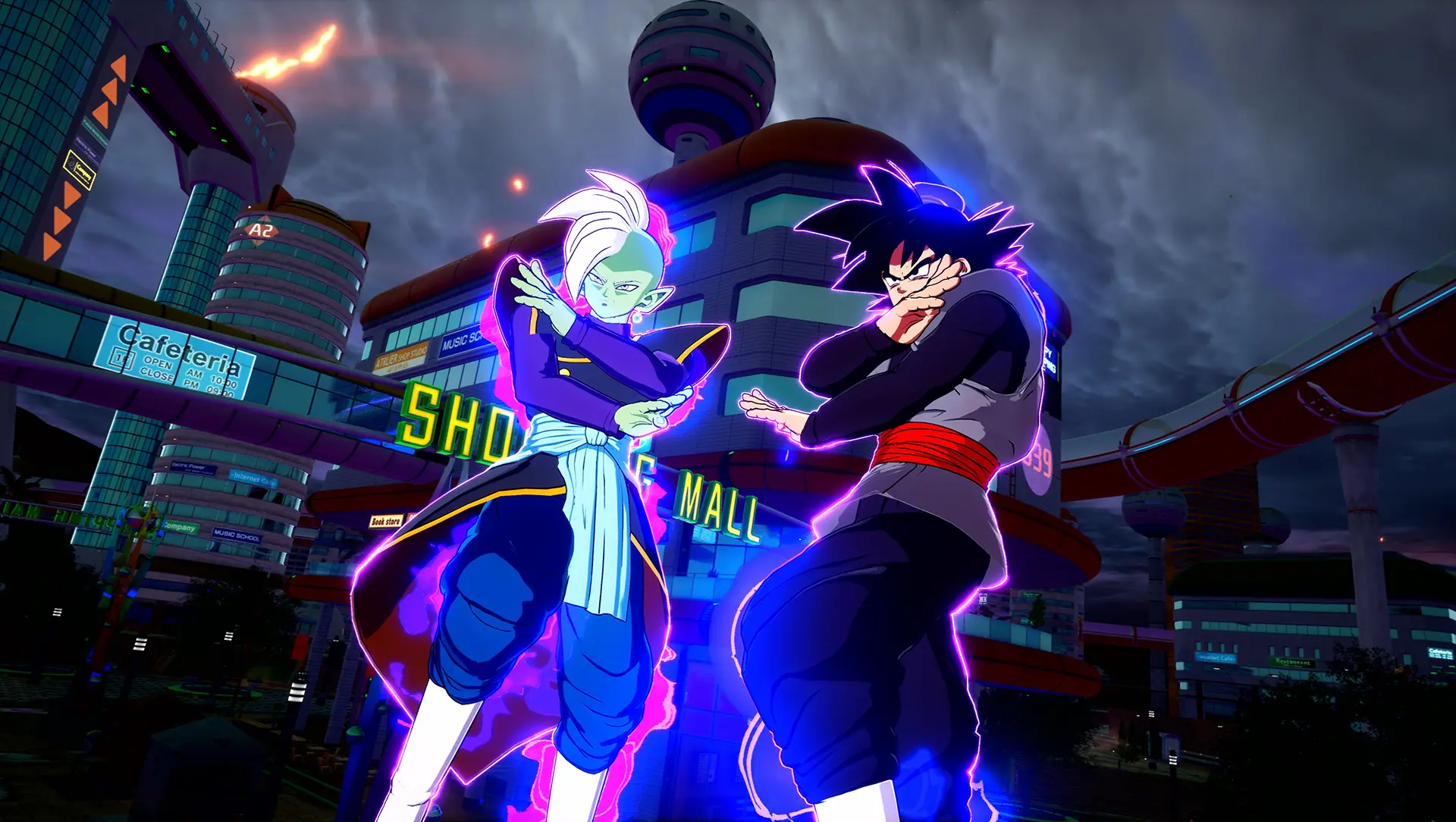 Goku Black and Zamasu stand in battle poses in the Dragon Ball: Sparking Zero video game