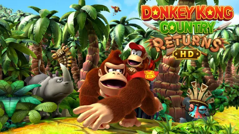 Keyart for Donkey Kong Country Returns HD, Diddy is riding on DK's back as they run through the jungle.