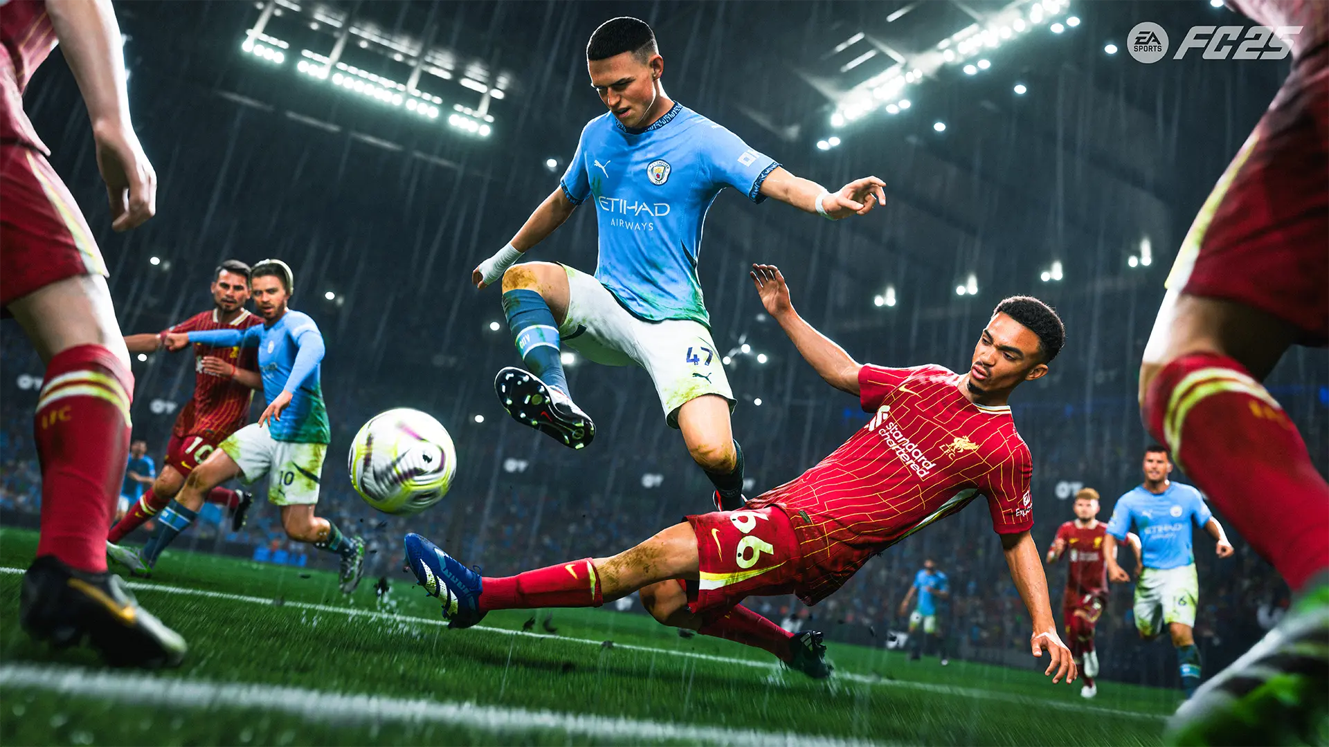 Two soccer teams compete for control of the ball in the EA Sports FC 25 video game