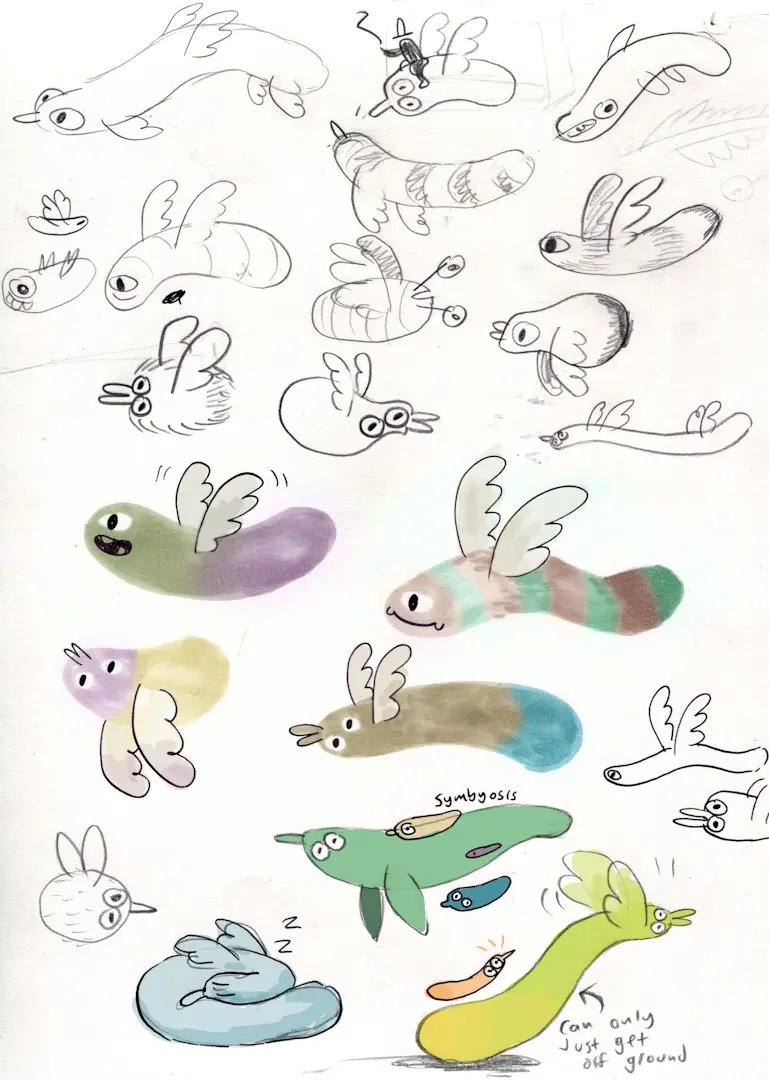 A page of creature sketches for Flock showing all manner of winged worm and blob-shaped animals