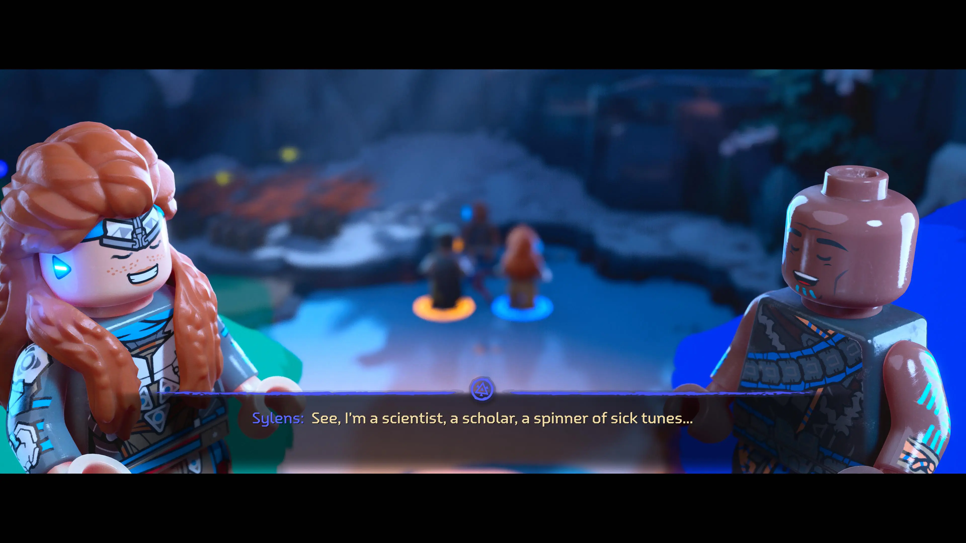 Lego Horizon Adventures screenshot shows Aloy and Sylens talking in a snowy environment.