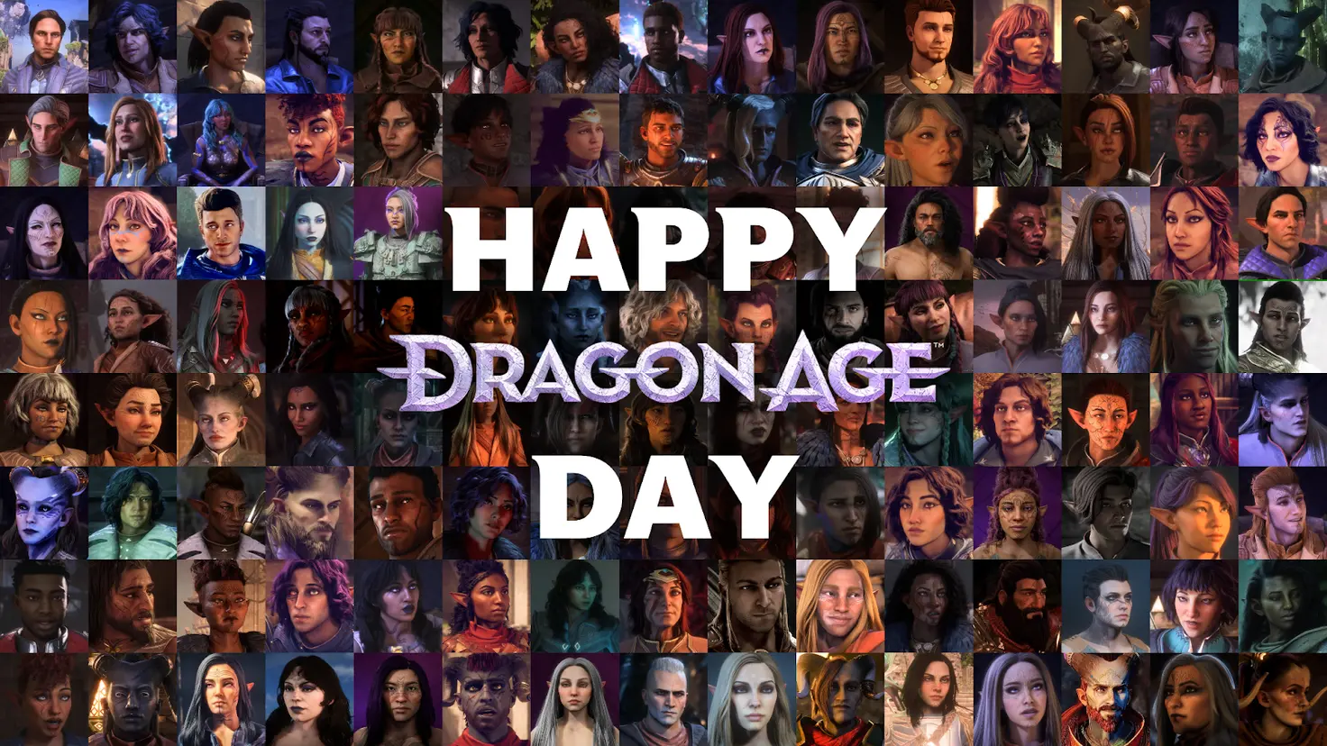 Collage featuring dozens of small square pictures of user-created Rook characters behind text that reads "Happy Dragon Age Day"