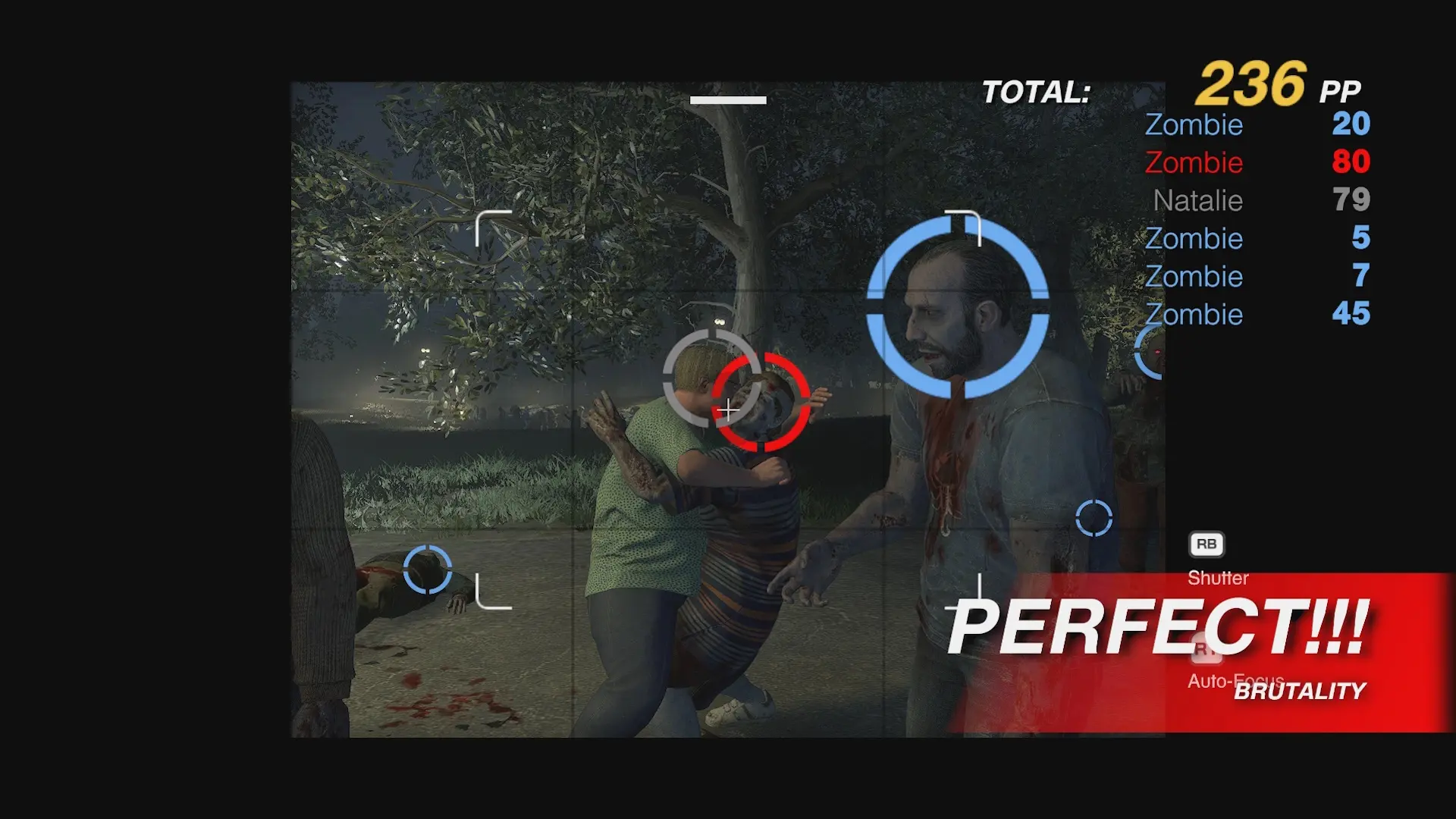 Frank photographs a survivor being mauled by a zombie and is awarded Perfect for the photo with the tag Brutality