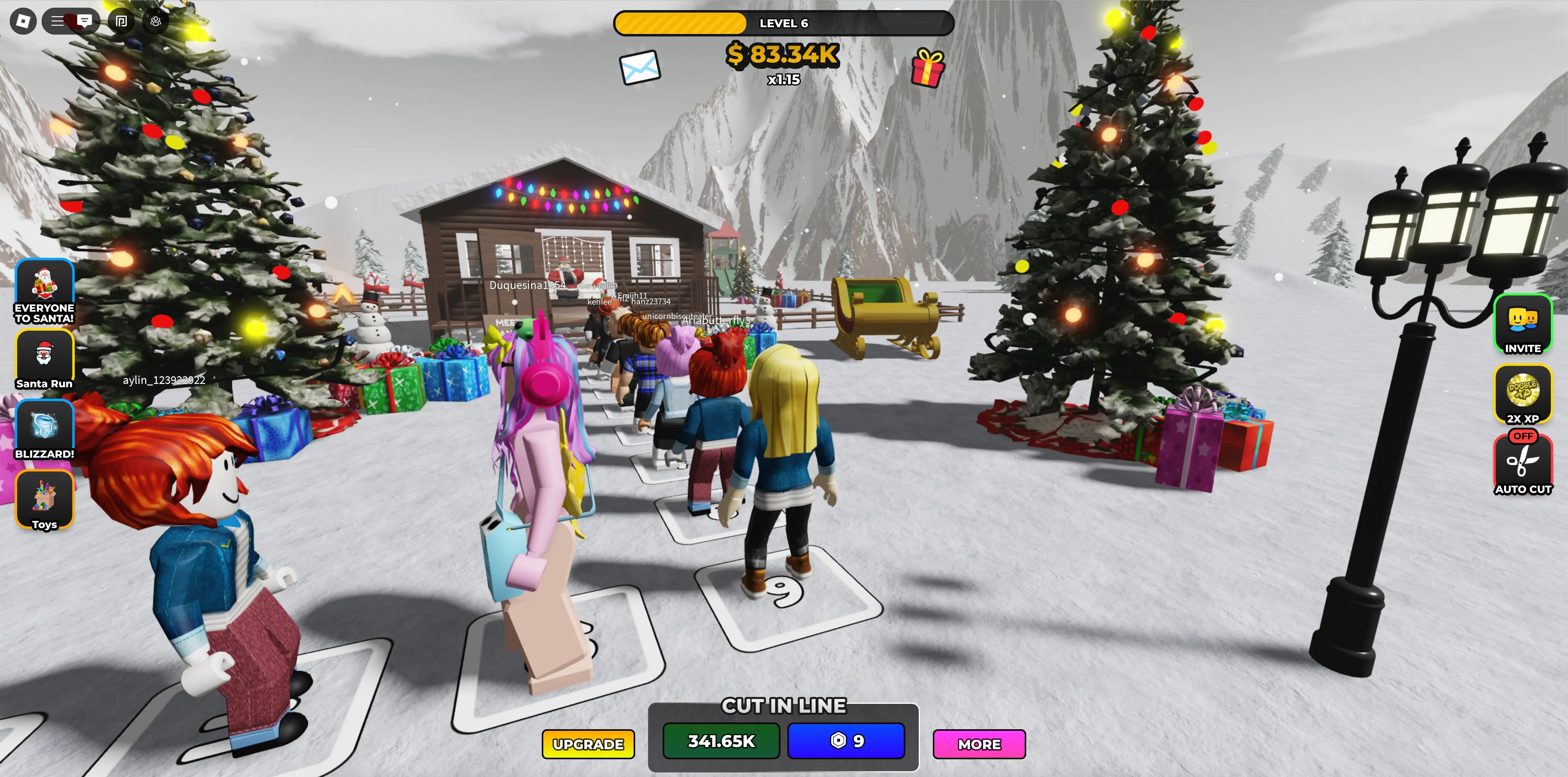 Roblox avatars waiting in line to see Santa in the Santa's Gift Line Roblox experience