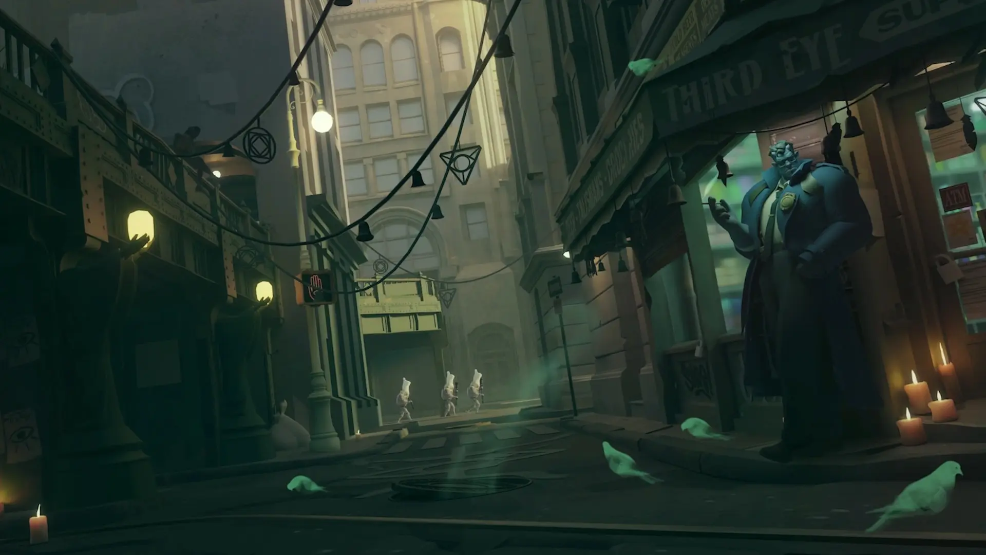 A demonic character in a coad leans against a wall in a prohibition-era street with pigeons and hanging lights.