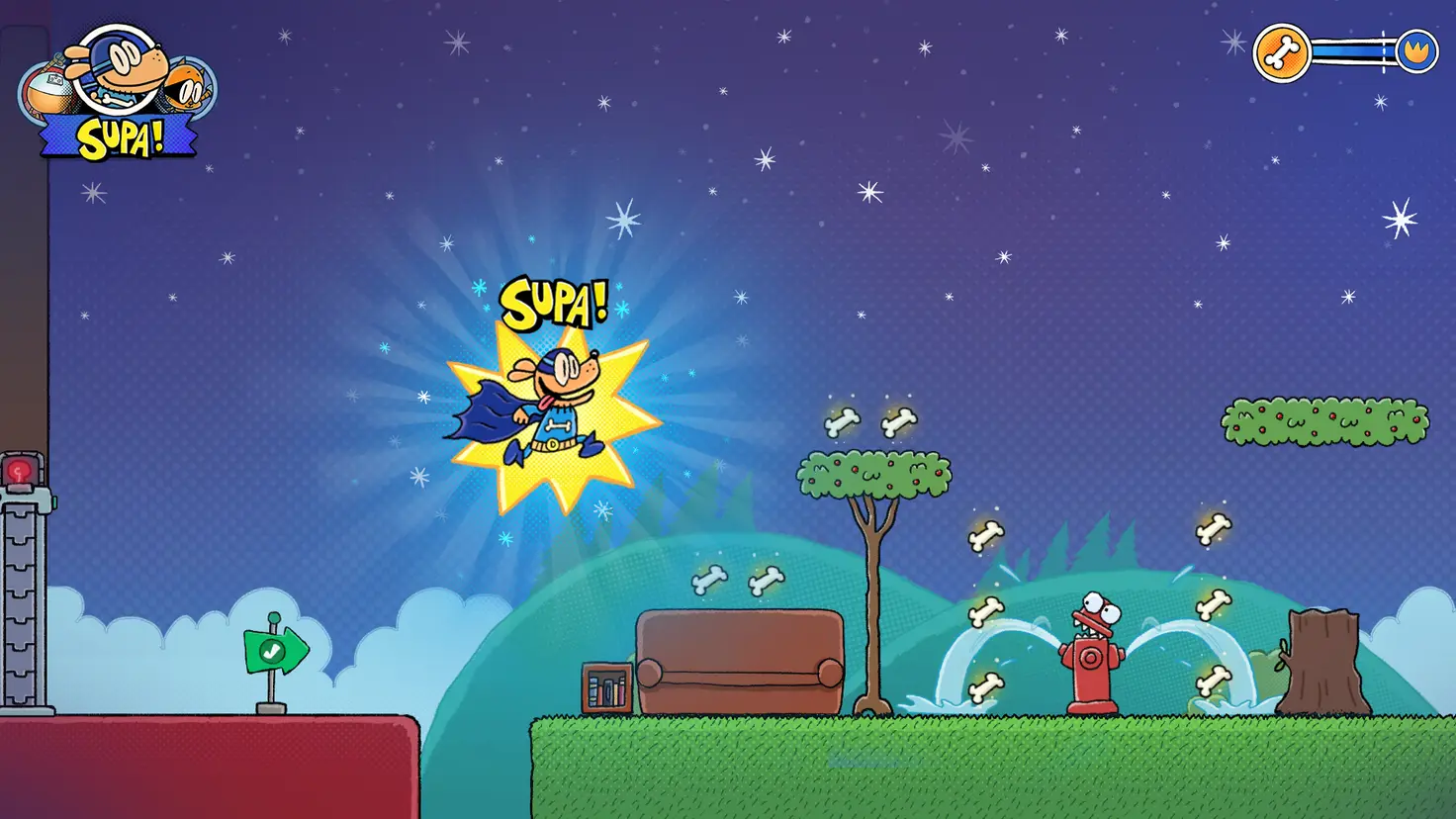 Dog Man jumps in the air in the Dog Man: Mission Impawsible video game. The word "Supa!" is over his head.