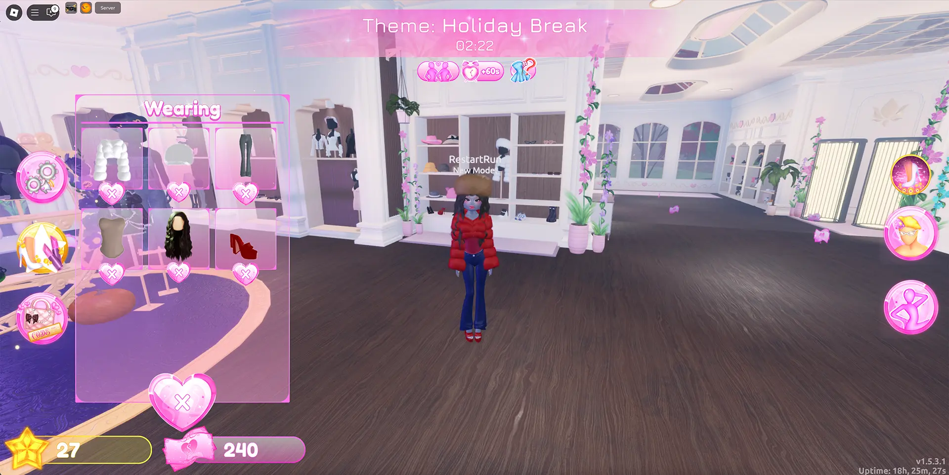 A Dress to Impress avatar wearing winter-themed clothing in the dressing room area of the Dress to Impress Roblox experience