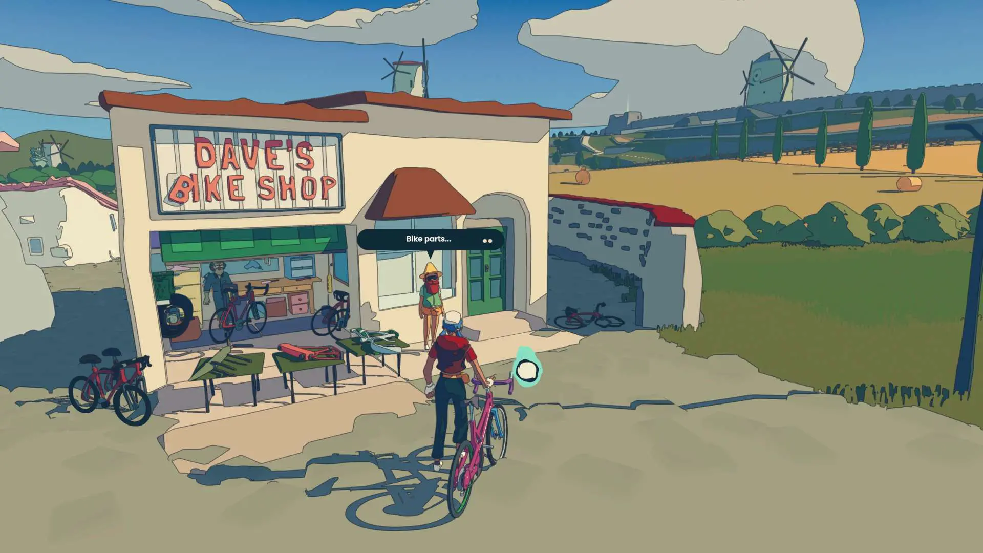 A cyclist stands next to their bicycle outside Dave's Bike Shop in the Wheel World video game