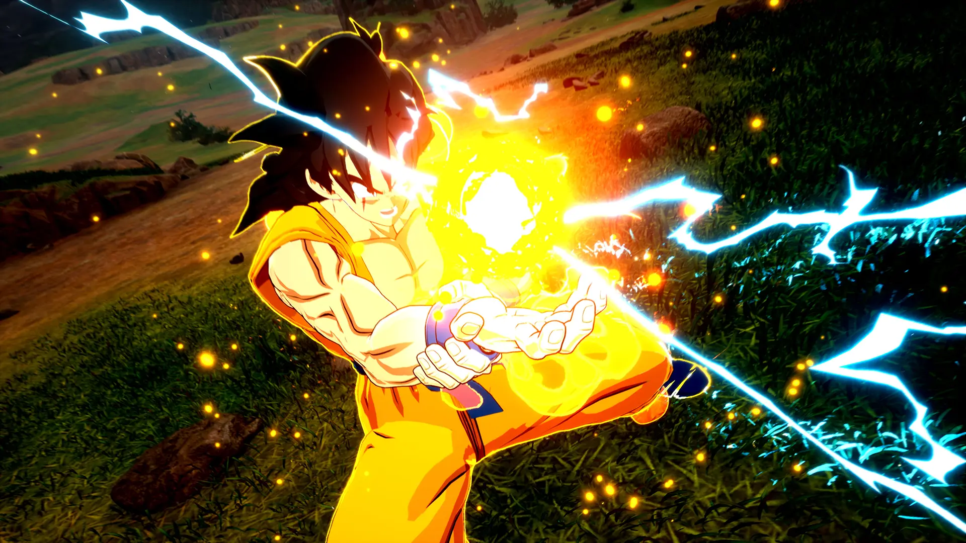 A fighter holds a glowing yellow orb with blue lighting bolts surrounding it in the Dragon Ball: Sparking Zero video game